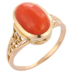 Anglo Indian Style 14K Yellow Gold 4.96 Carat Coral Cocktail Ring