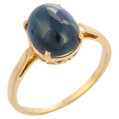 Anglo Indian Style 14K Yellow Gold Blue Sapphire Gemstone Ring