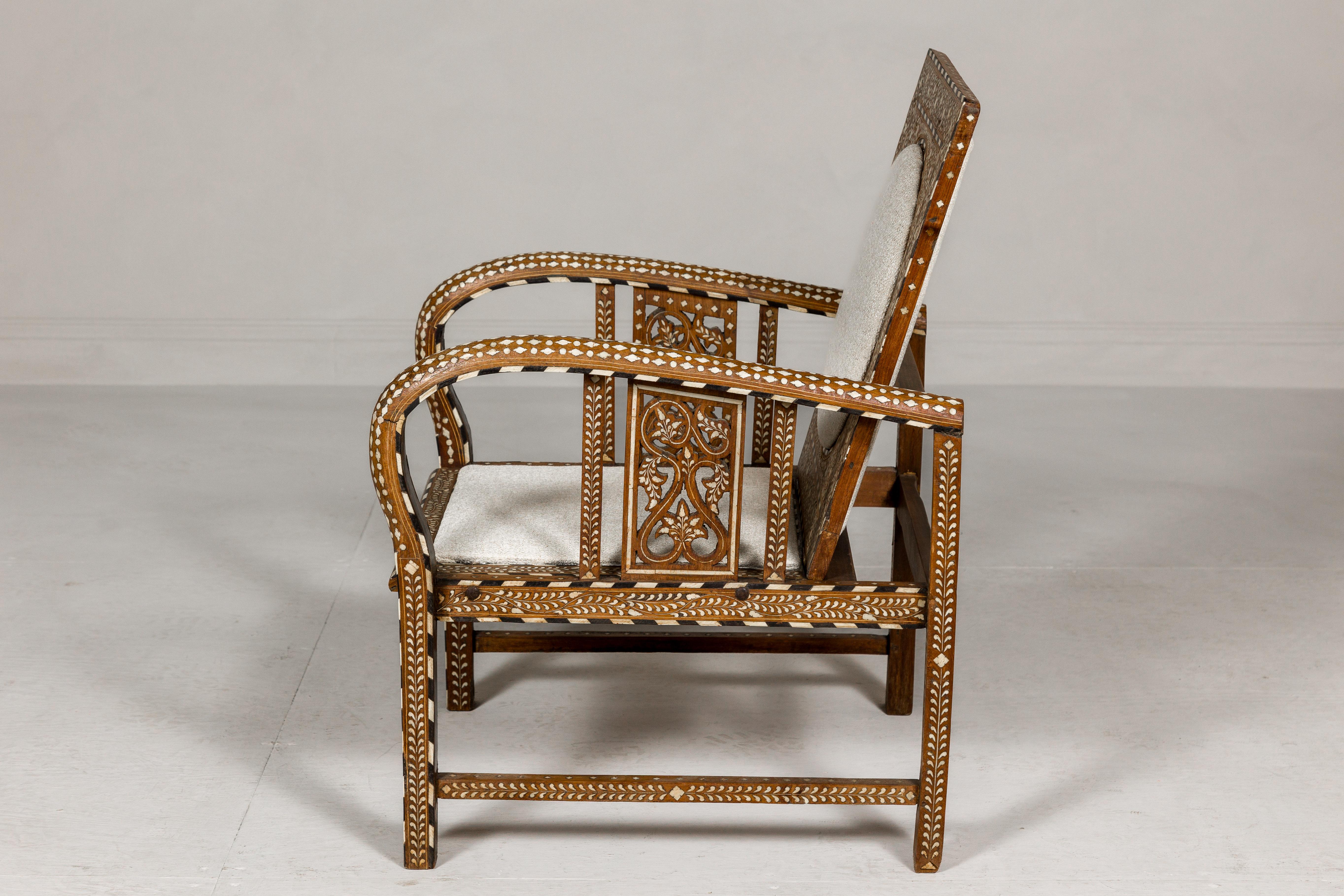 Anglo-Indian Style Bone Inlaid Armchair with Folding Back and Loop Arms For Sale 5