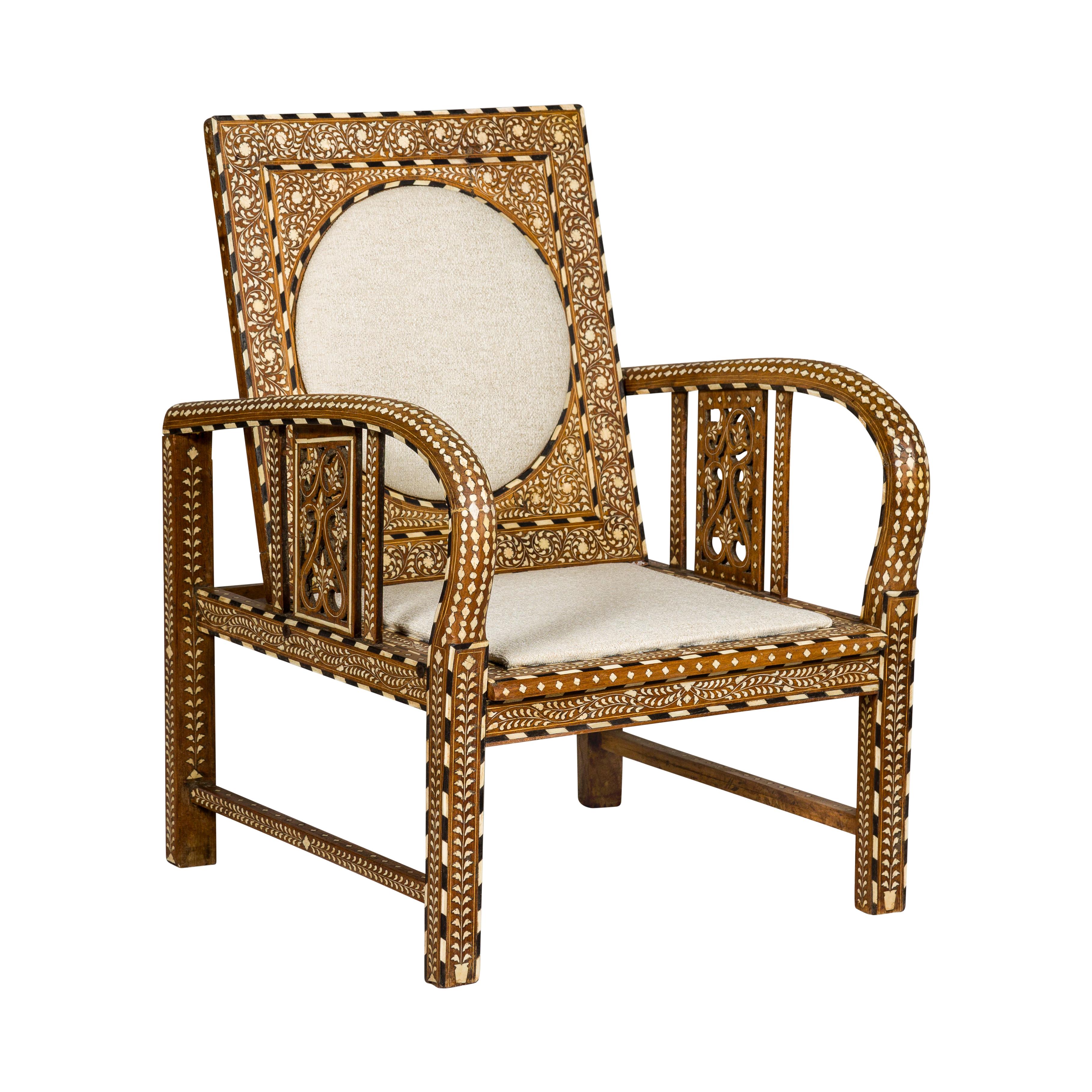 Anglo-Indian Style Bone Inlaid Armchair with Folding Back and Loop Arms For Sale 10