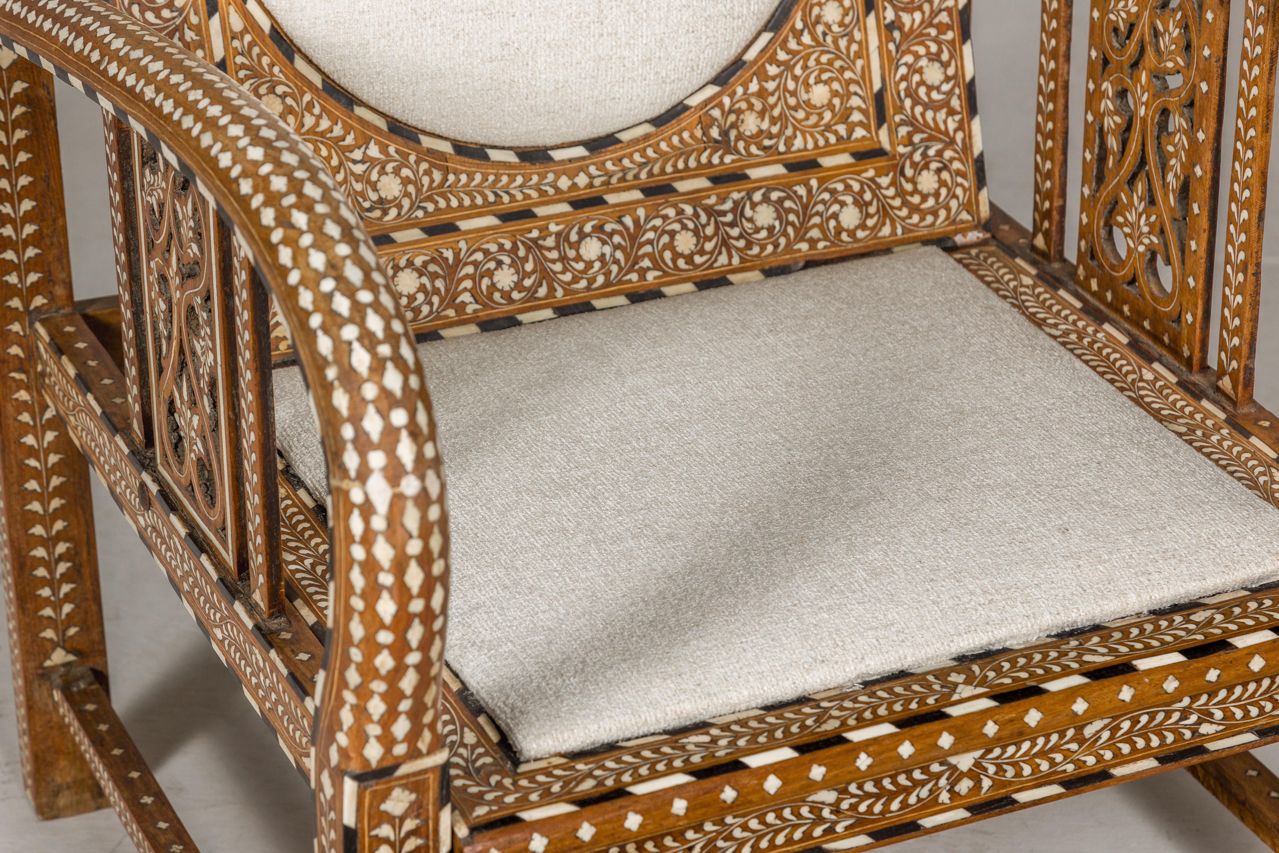 Contemporary Anglo-Indian Style Bone Inlaid Armchair with Folding Back and Loop Arms For Sale