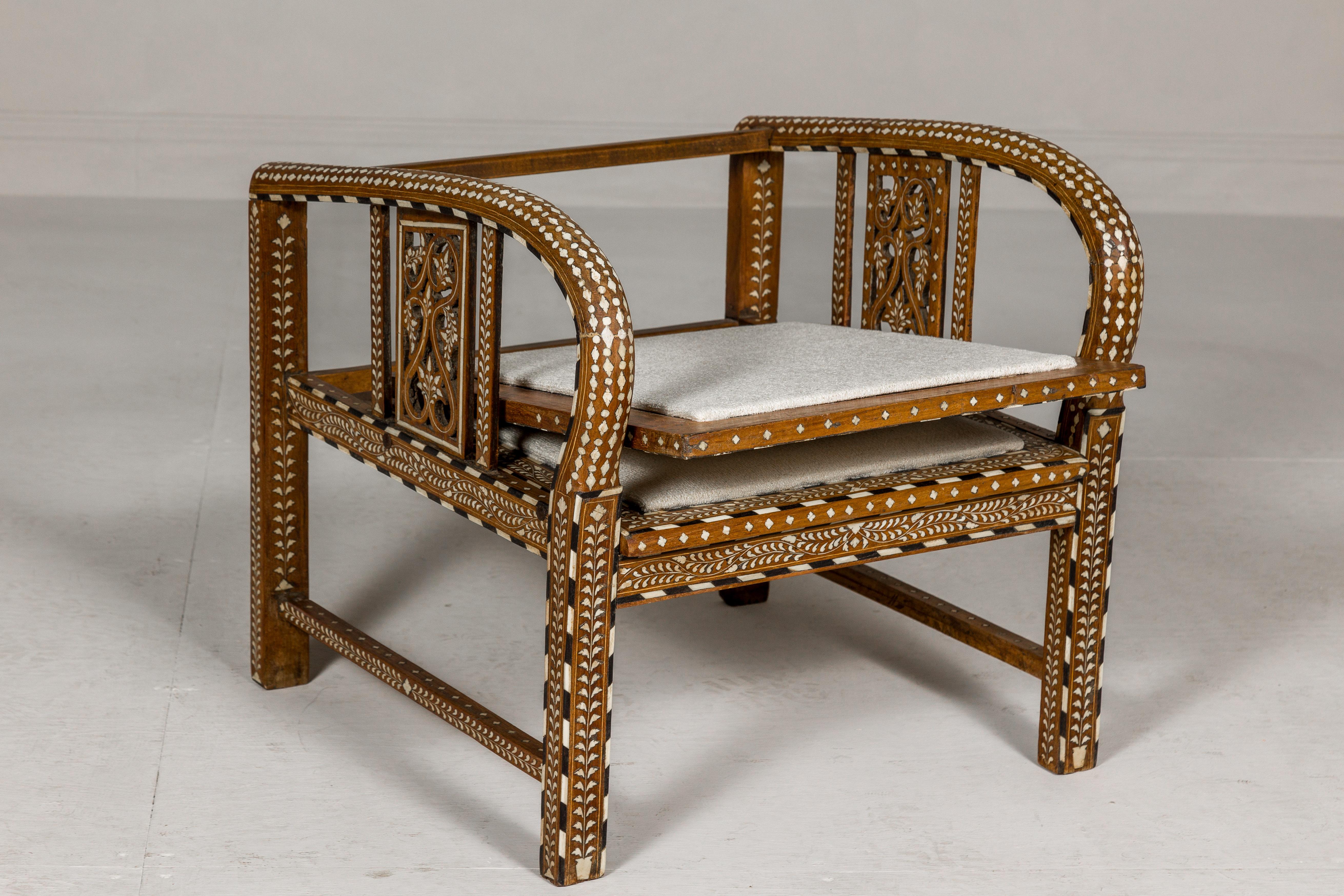 Anglo-Indian Style Bone Inlaid Armchair with Folding Back and Loop Arms For Sale 1