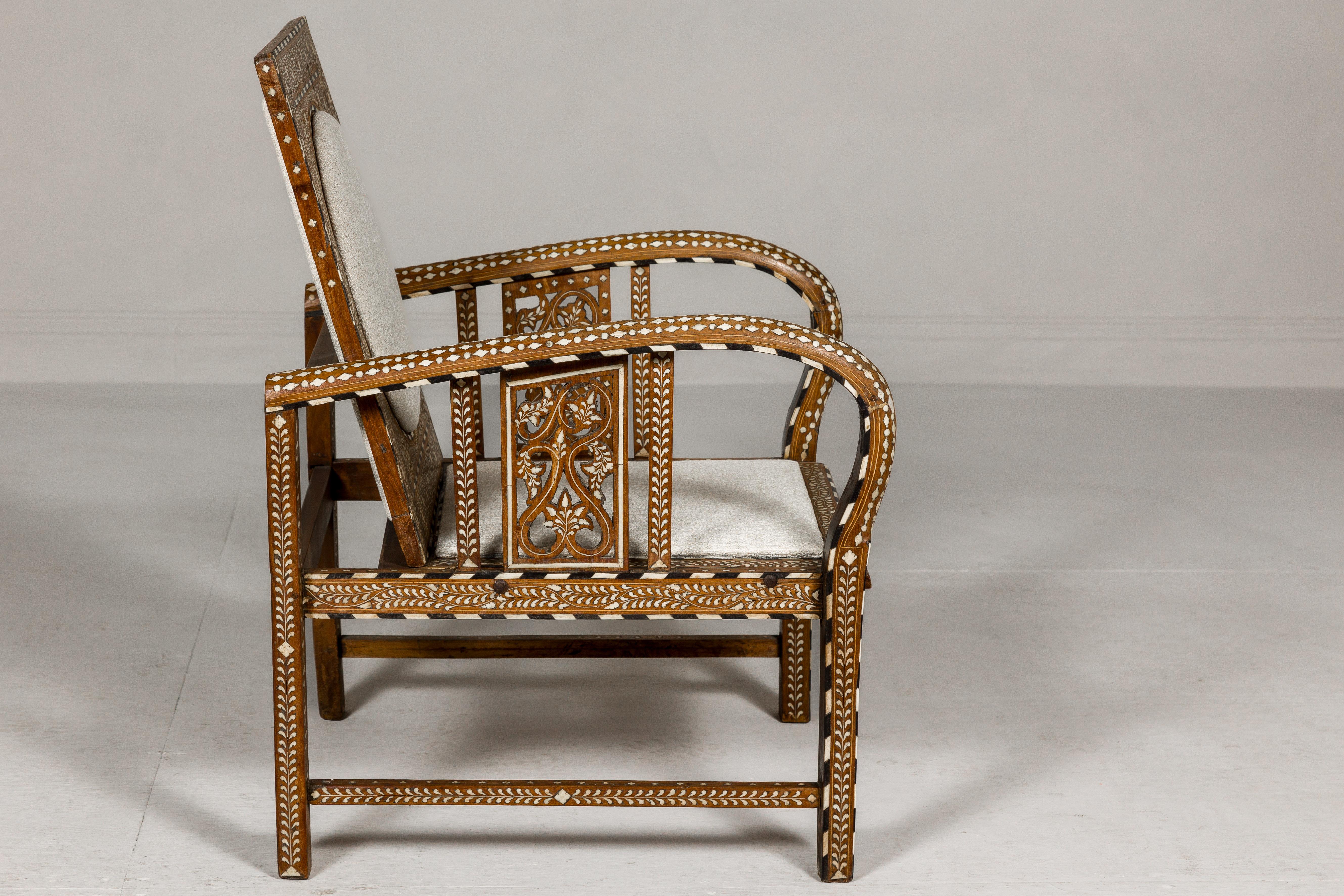 Anglo-Indian Style Bone Inlaid Armchair with Folding Back and Loop Arms For Sale 2