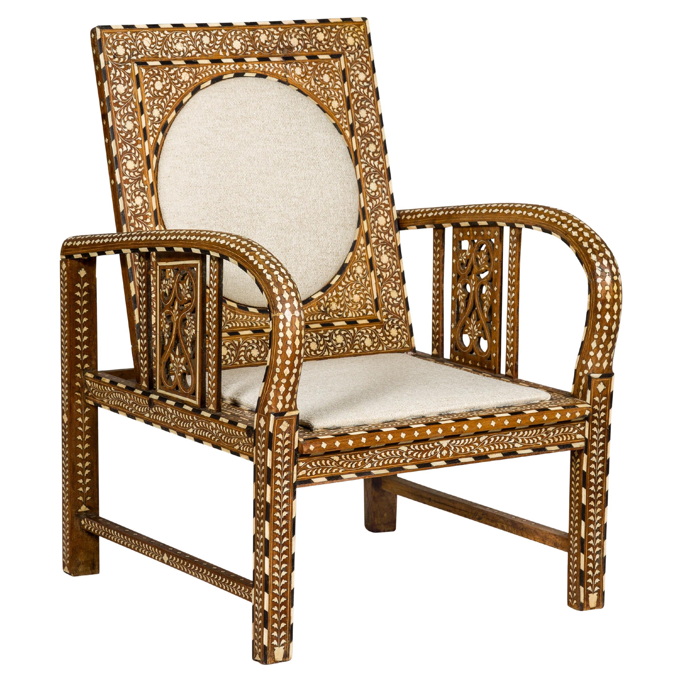 Anglo-Indian Style Bone Inlaid Armchair with Folding Back and Loop Arms For Sale