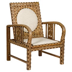 Vintage Anglo-Indian Style Bone Inlaid Armchair with Folding Back and Loop Arms