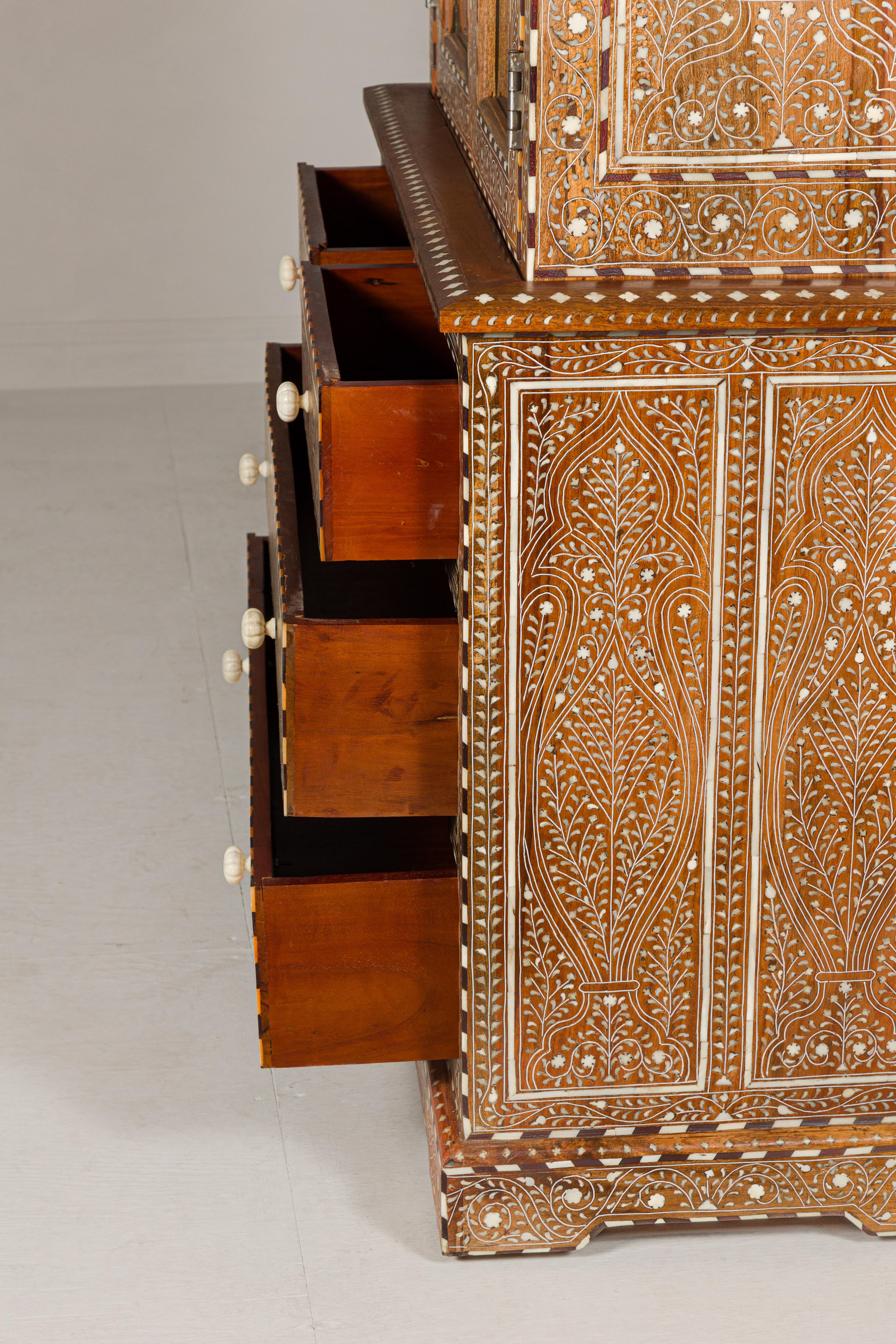 Anglo Indian Style Buffet à Deux-Corps with Abundant Floral Themed Bone Inlay For Sale 12