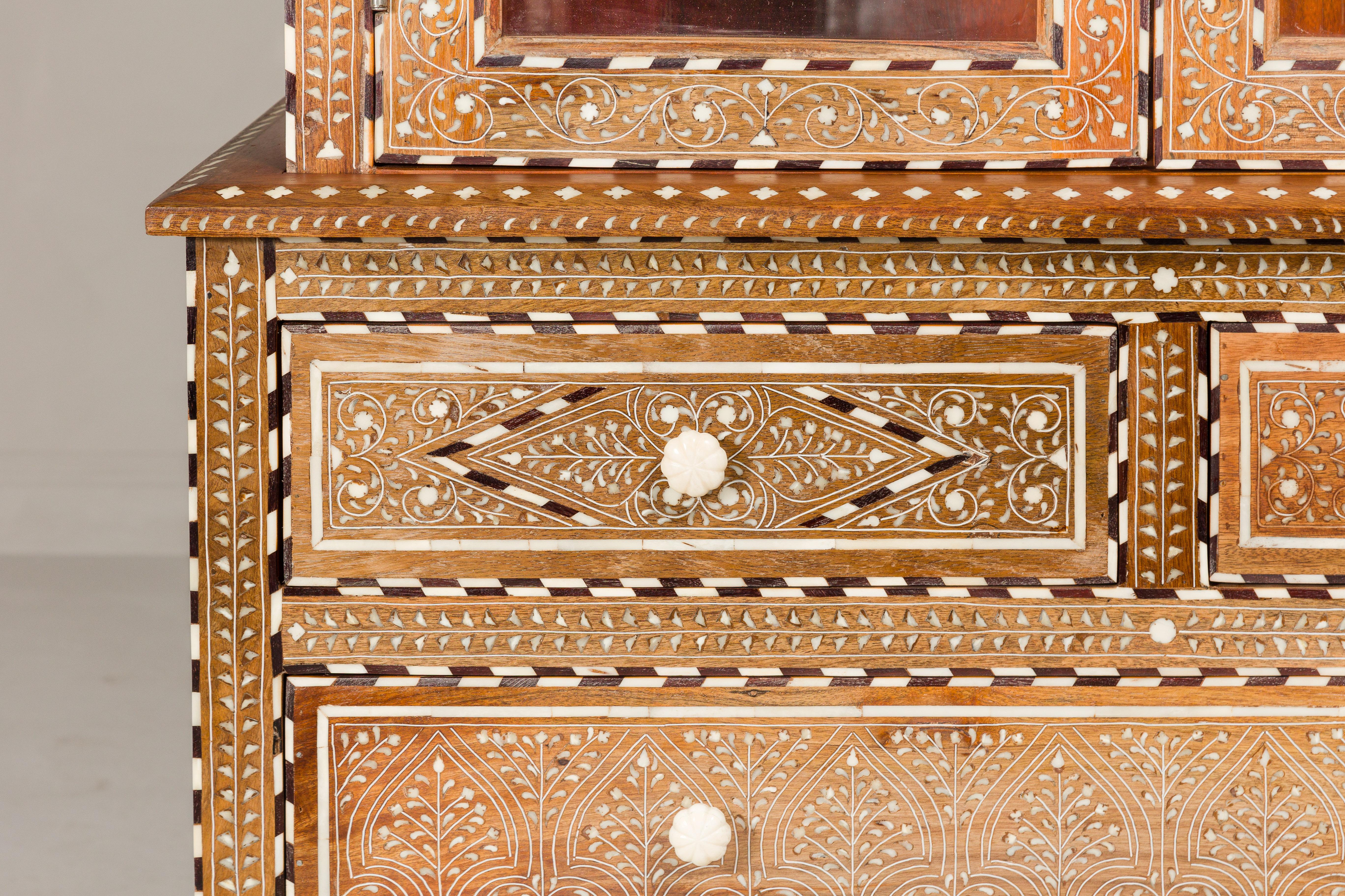 Anglo Indian Style Buffet à Deux-Corps with Abundant Floral Themed Bone Inlay For Sale 4