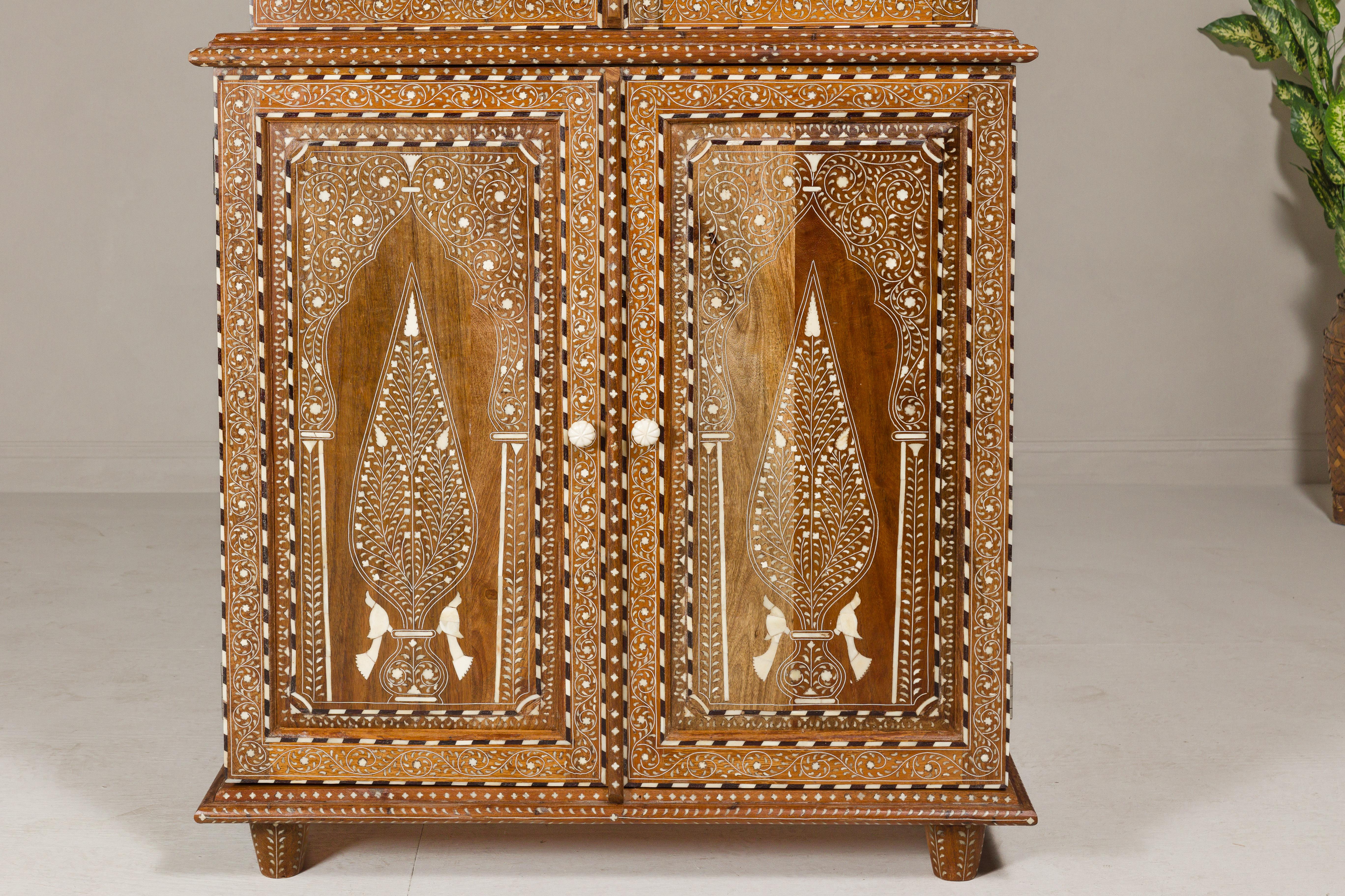 Anglo Indian Style Buffet à Deux-Corps with Floral and Bird Bone Inlay In Excellent Condition For Sale In Yonkers, NY