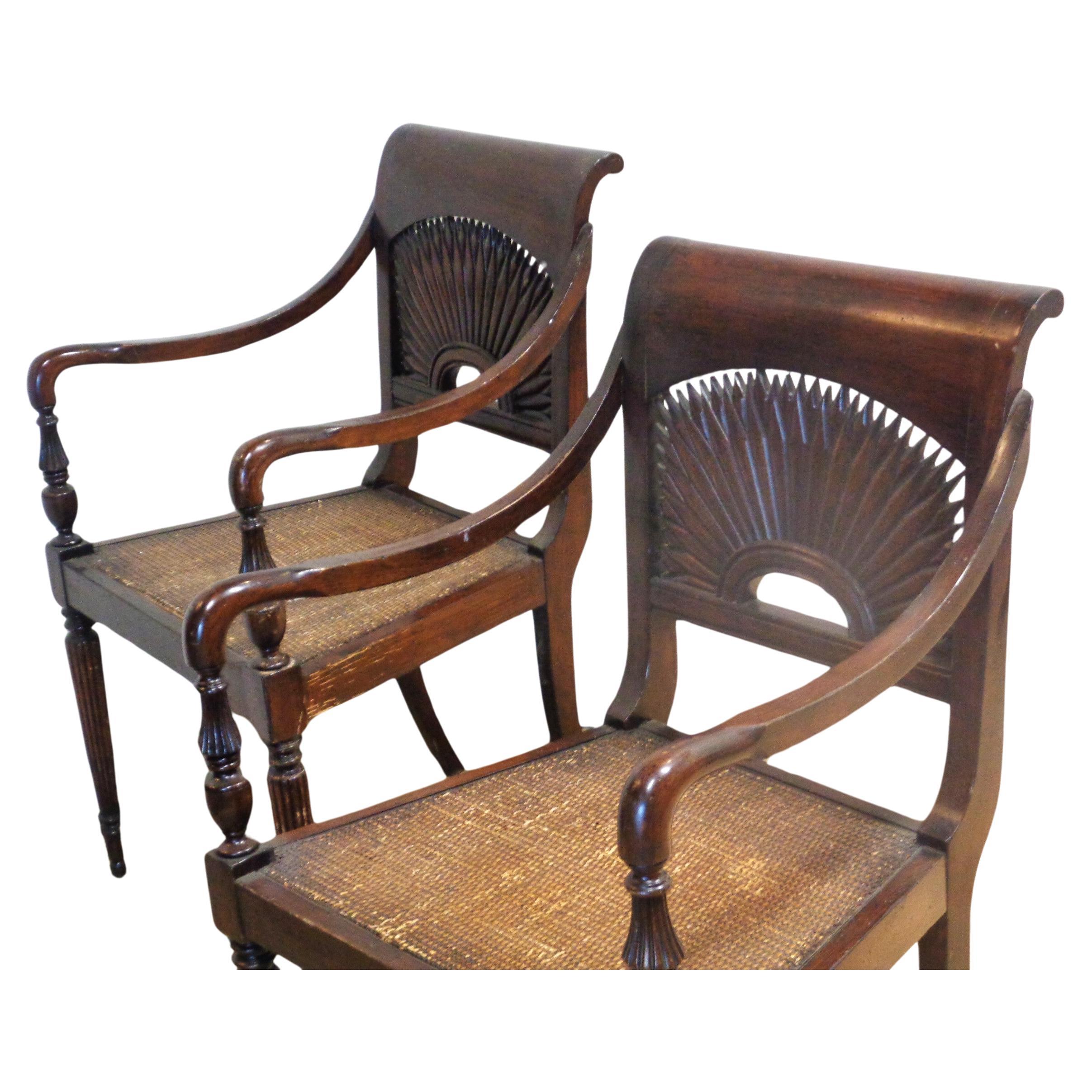 Anglo Indian Style Carved Sunburst Back Armchairs  For Sale 7