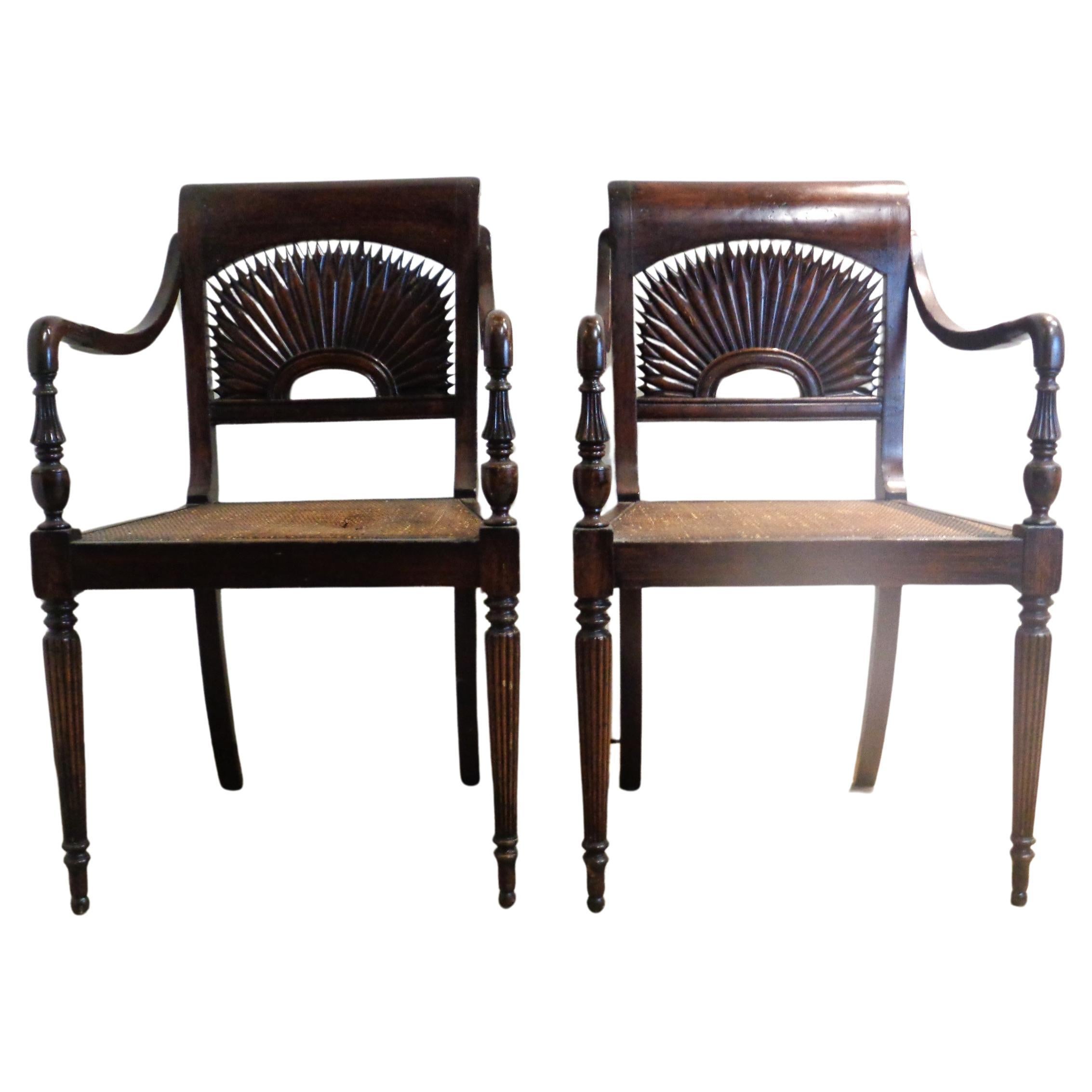 Anglo-Indian Anglo Indian Style Carved Sunburst Back Armchairs  For Sale