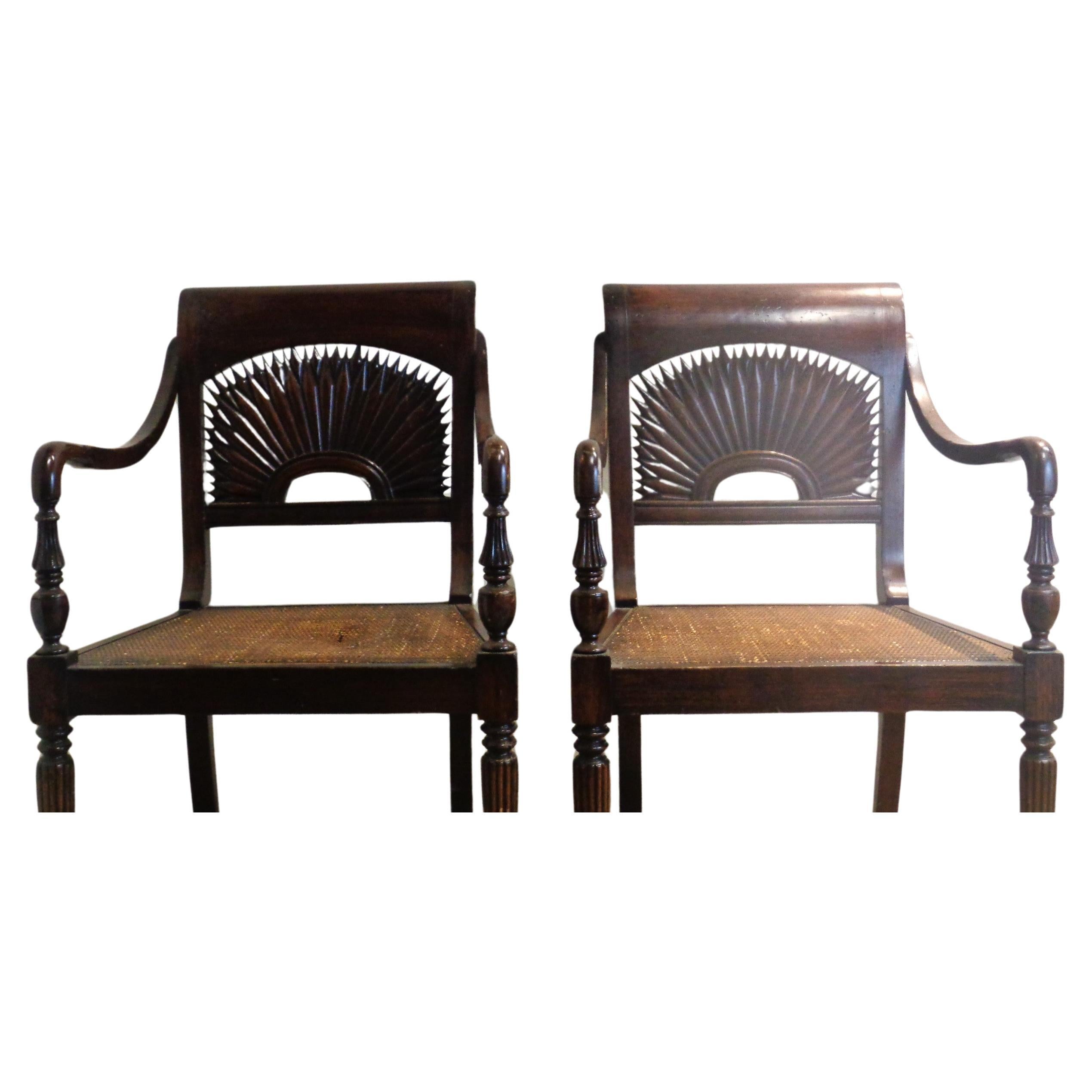 Anglo Indian Style Carved Sunburst Back Armchairs  In Fair Condition For Sale In Rochester, NY