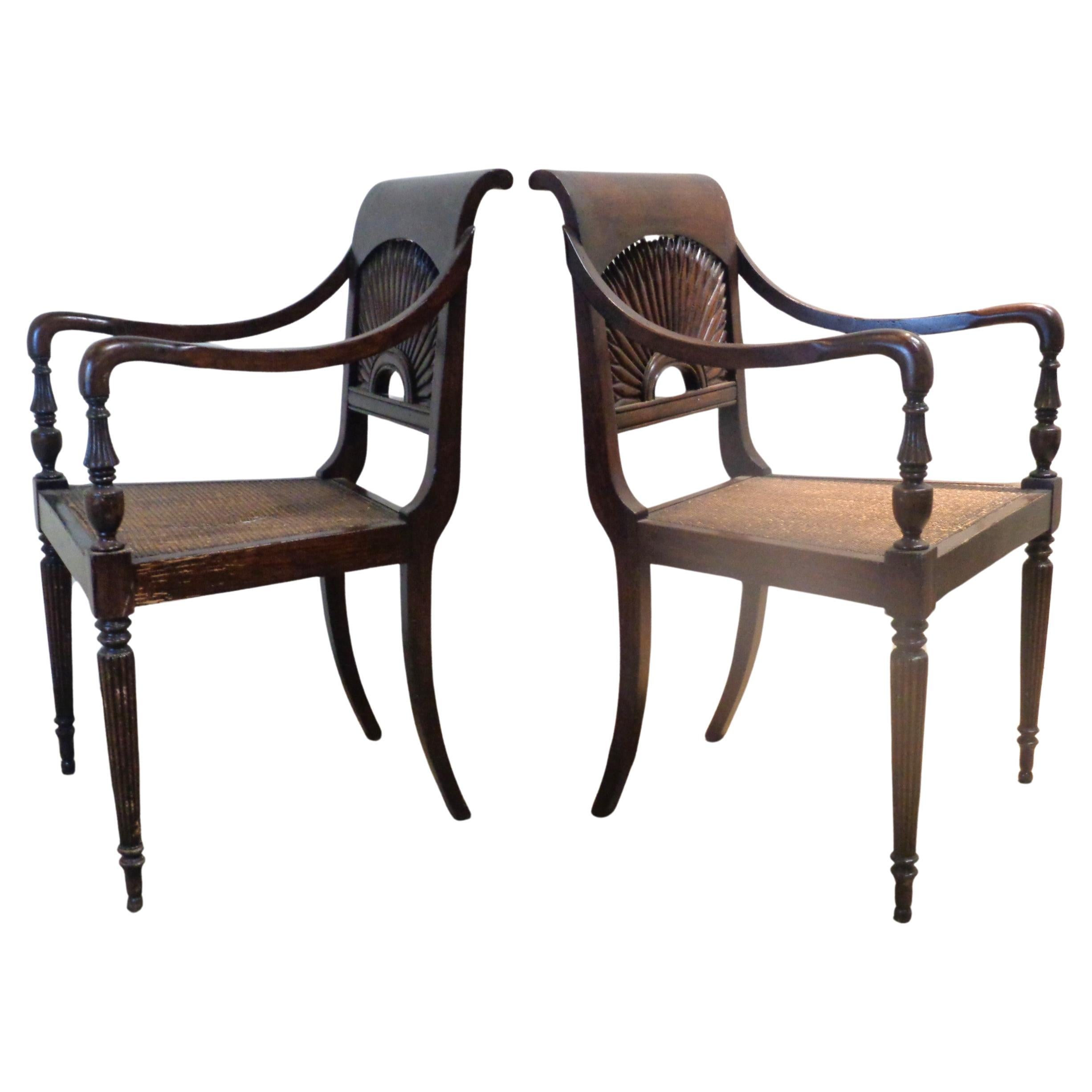 20th Century Anglo Indian Style Carved Sunburst Back Armchairs  For Sale