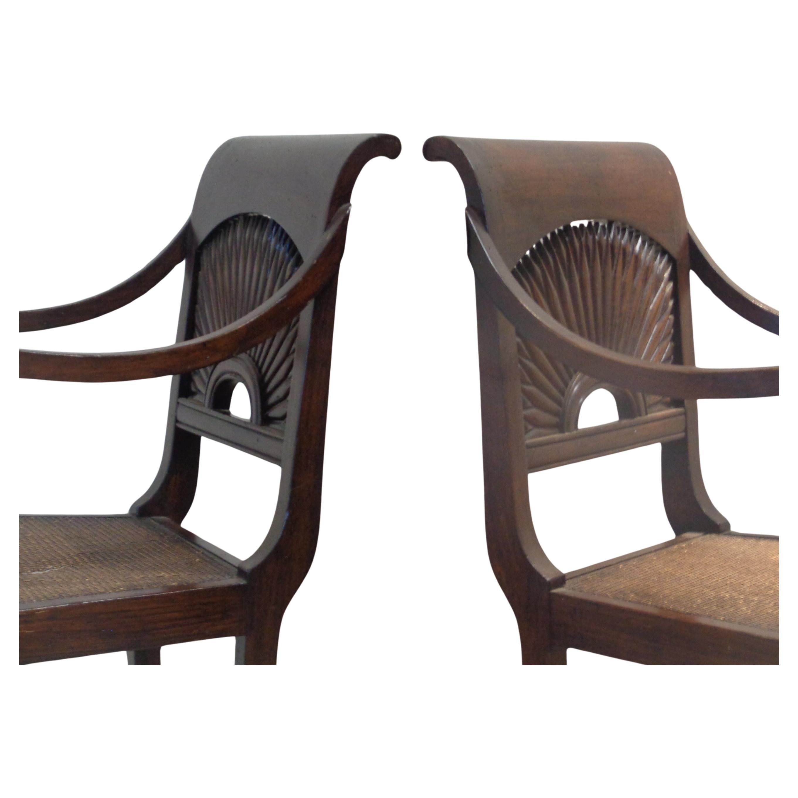 Cane Anglo Indian Style Carved Sunburst Back Armchairs  For Sale