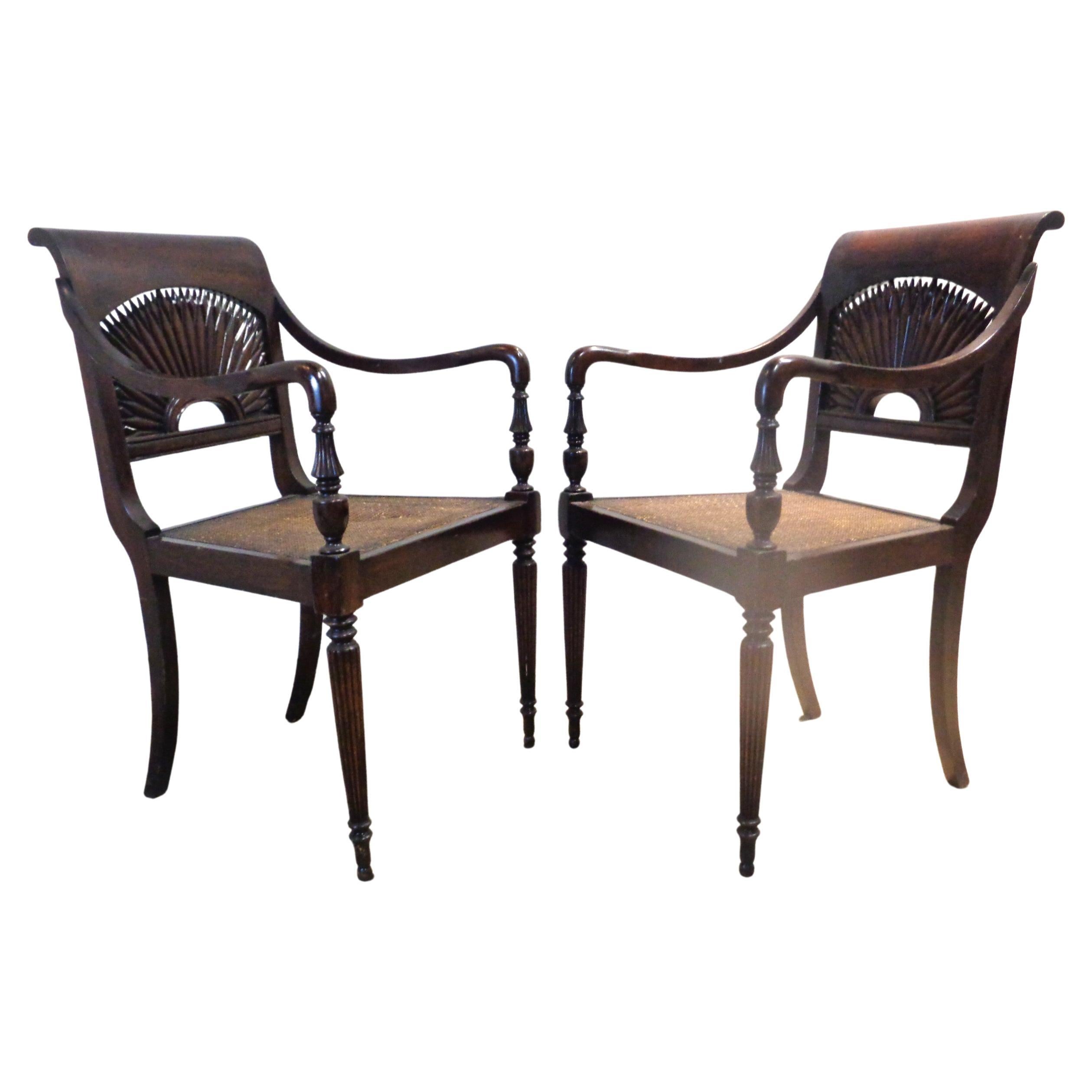 Anglo Indian Style Carved Sunburst Back Armchairs  For Sale 1