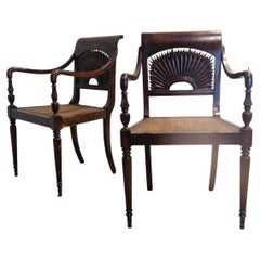Anglo Indian Style Carved Sunburst Back Armchairs 