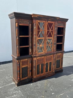 1970s Anglo Indian Style Carved Wood Paint Bookcase Cabinet Wall Unit, Set of