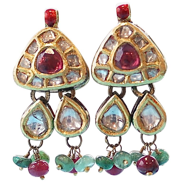 Anglo-Indian Style Diamond Ruby Emerald Gold Enamel Earrings