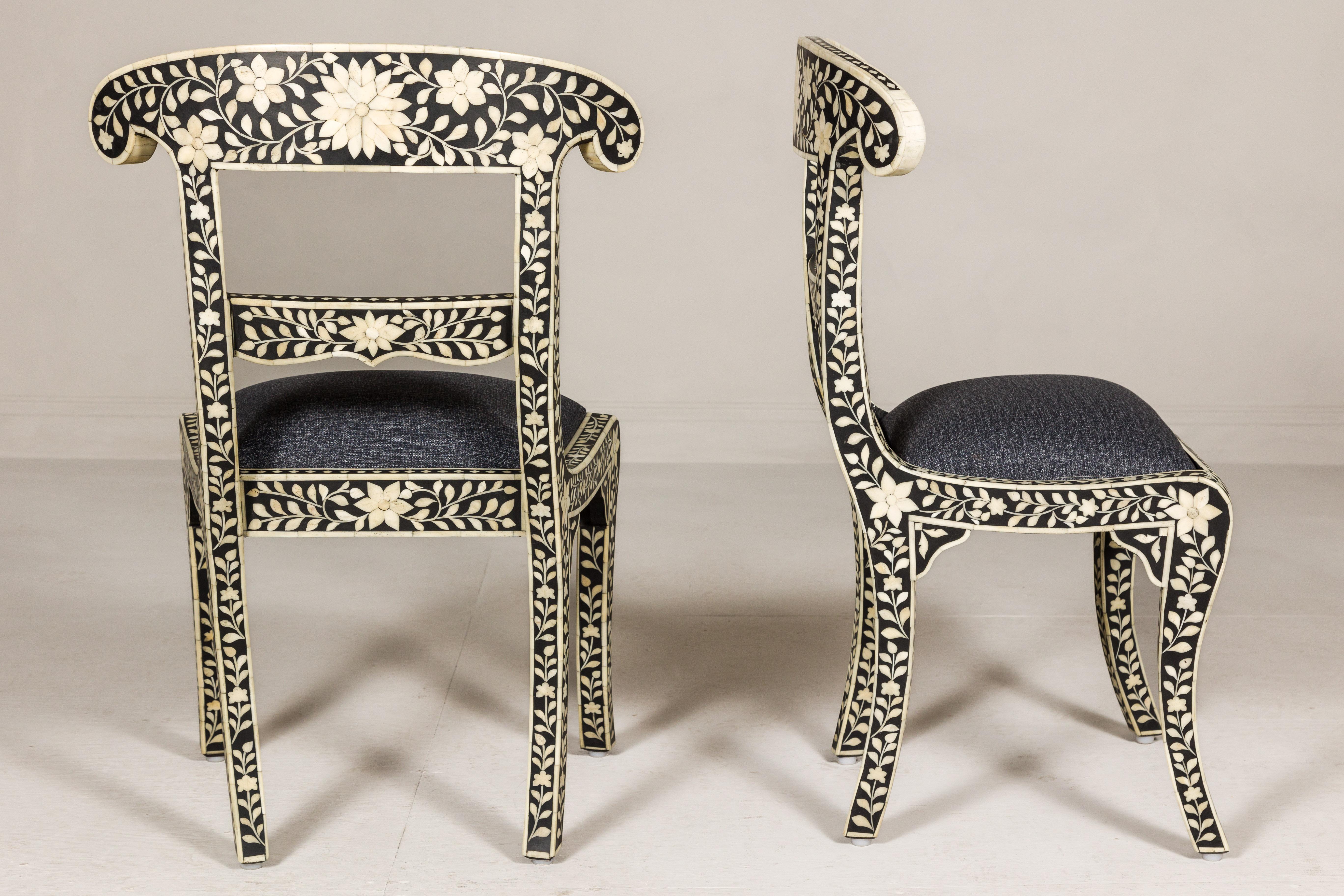 Anglo-Indian Style Ebonized Side Chairs with Floral Themed Bone Inlay, a Pair For Sale 6