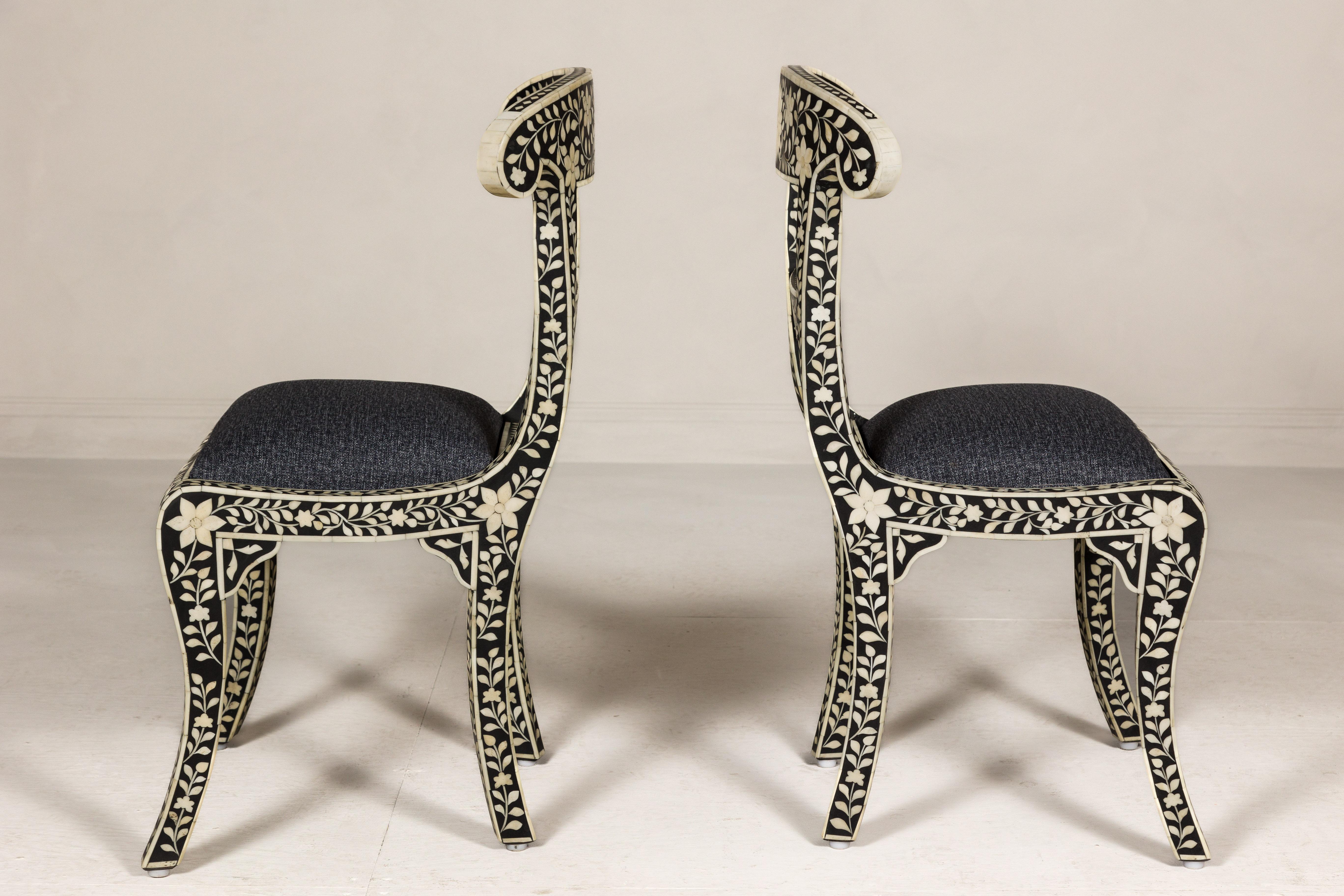 Anglo-Indian Style Ebonized Side Chairs with Floral Themed Bone Inlay, a Pair For Sale 7