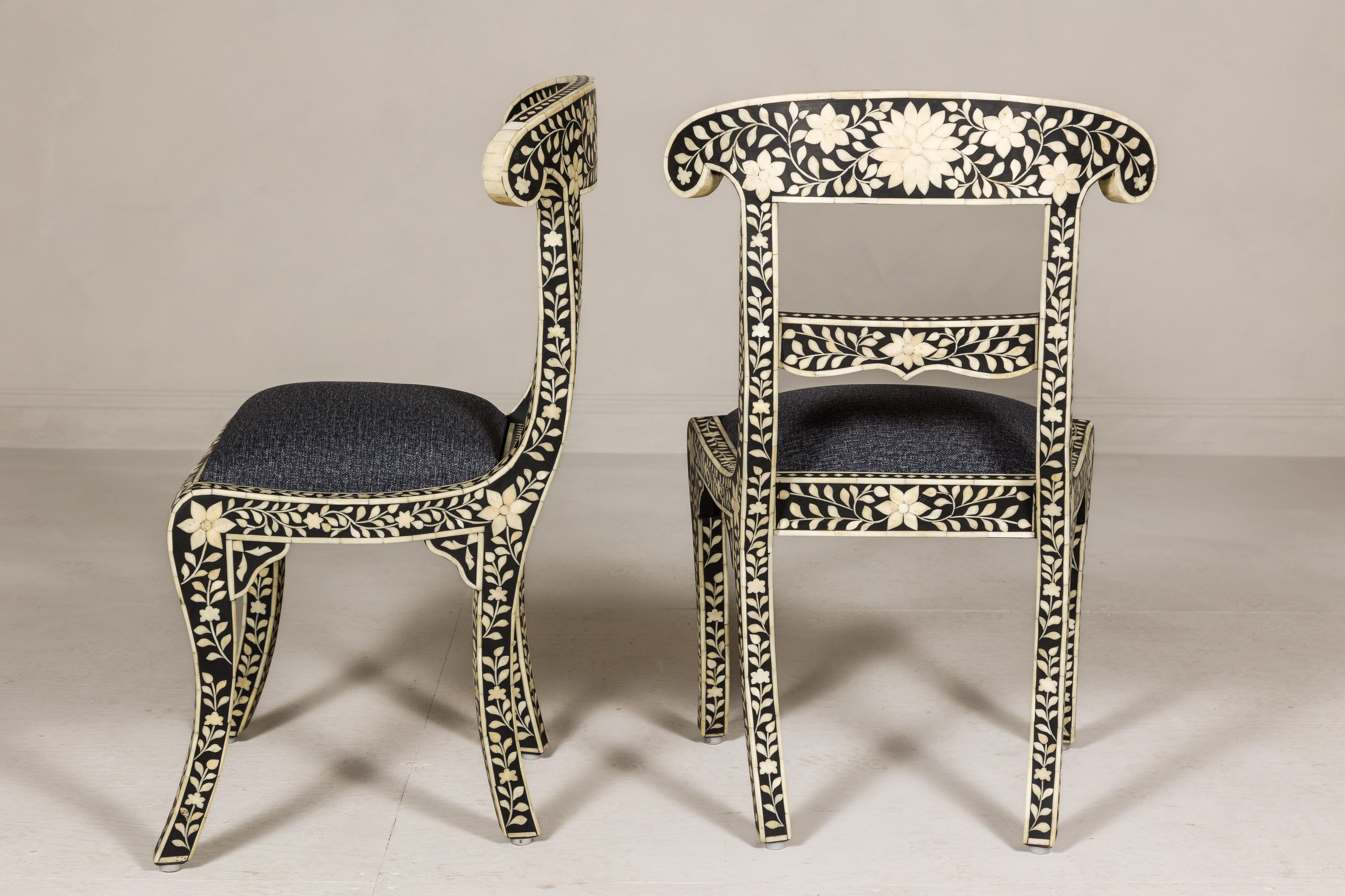 Anglo-Indian Style Ebonized Side Chairs with Floral Themed Bone Inlay, a Pair For Sale 8