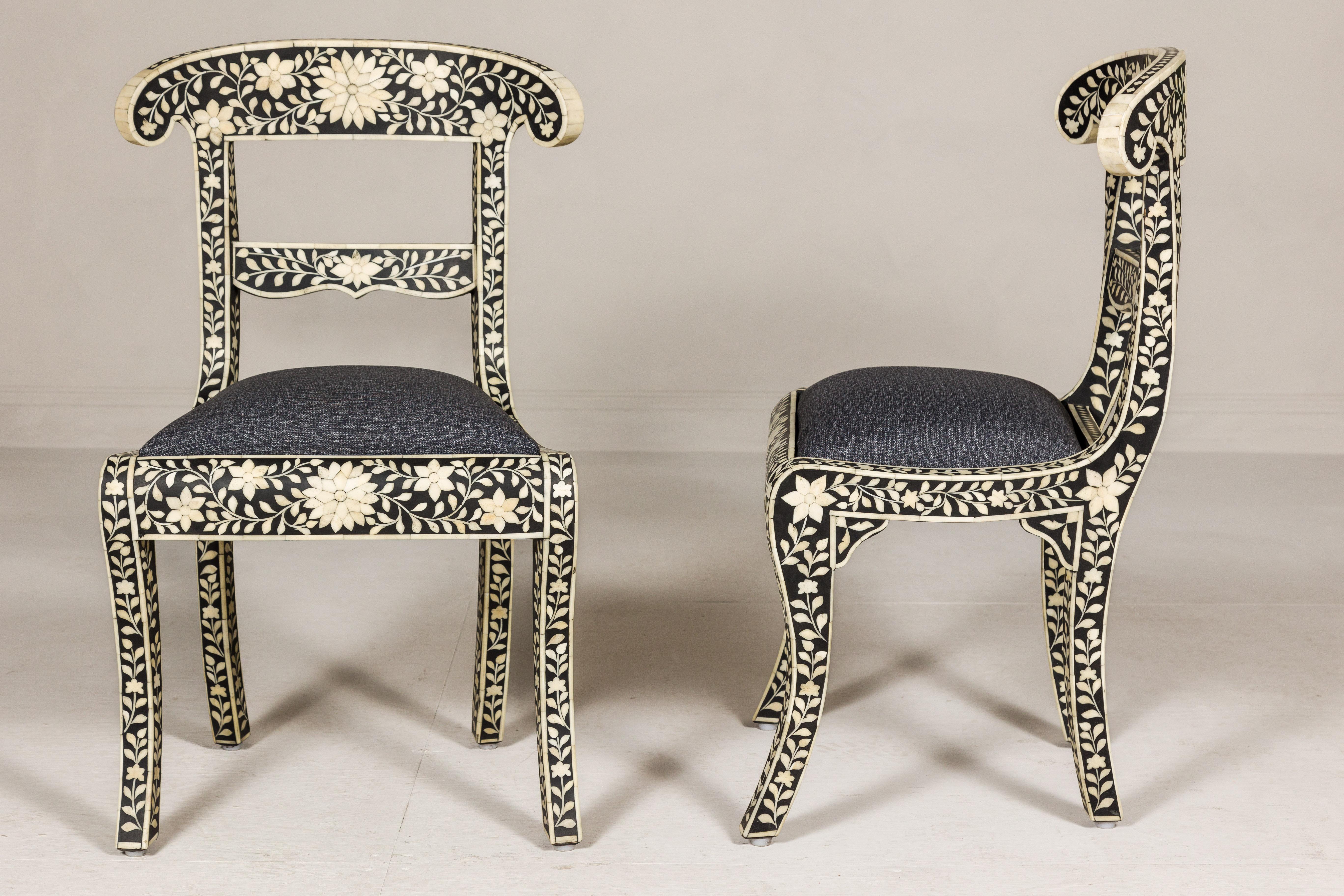 Anglo-Indian Style Ebonized Side Chairs with Floral Themed Bone Inlay, a Pair For Sale 9