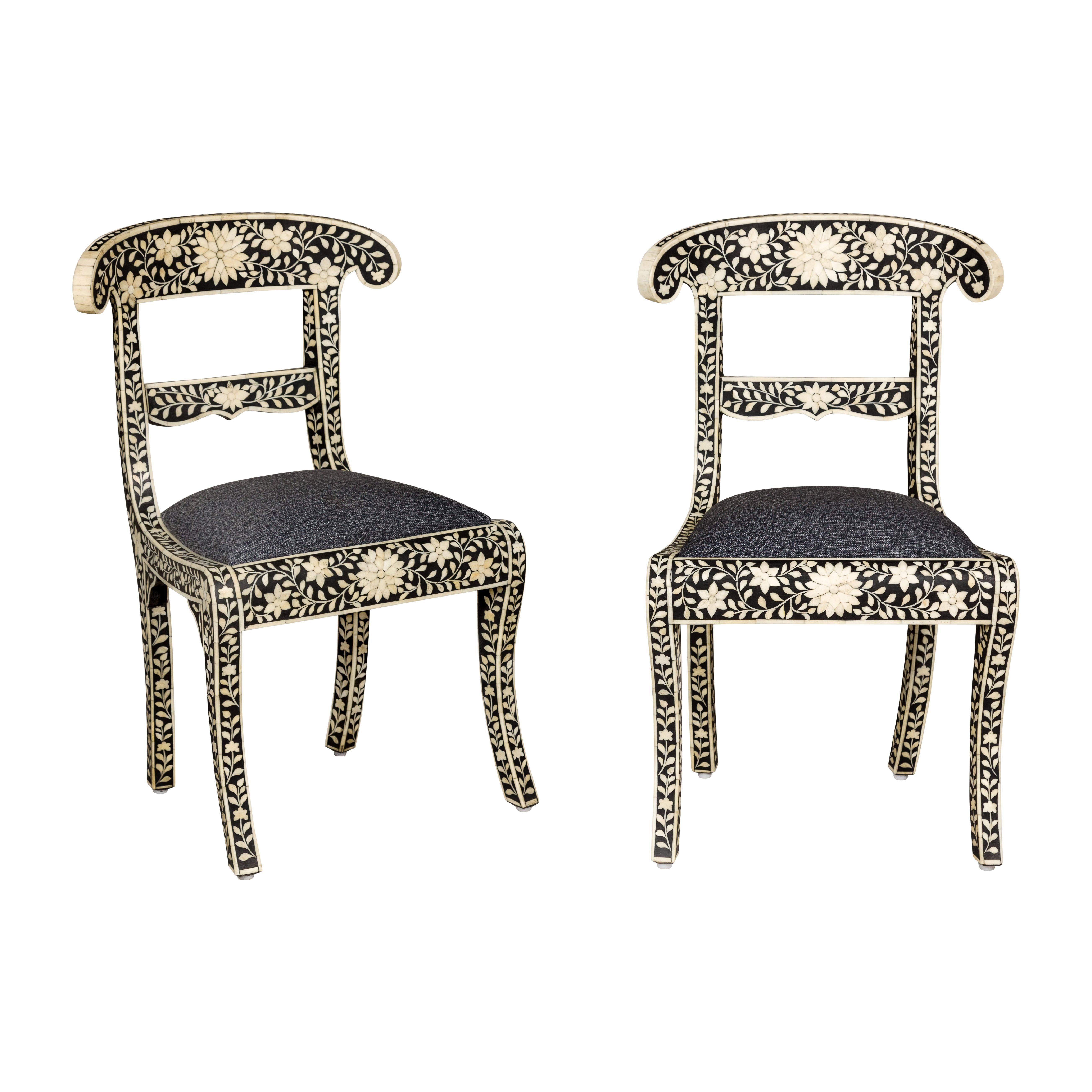 Anglo-Indian Style Ebonized Side Chairs with Floral Themed Bone Inlay, a Pair For Sale 10