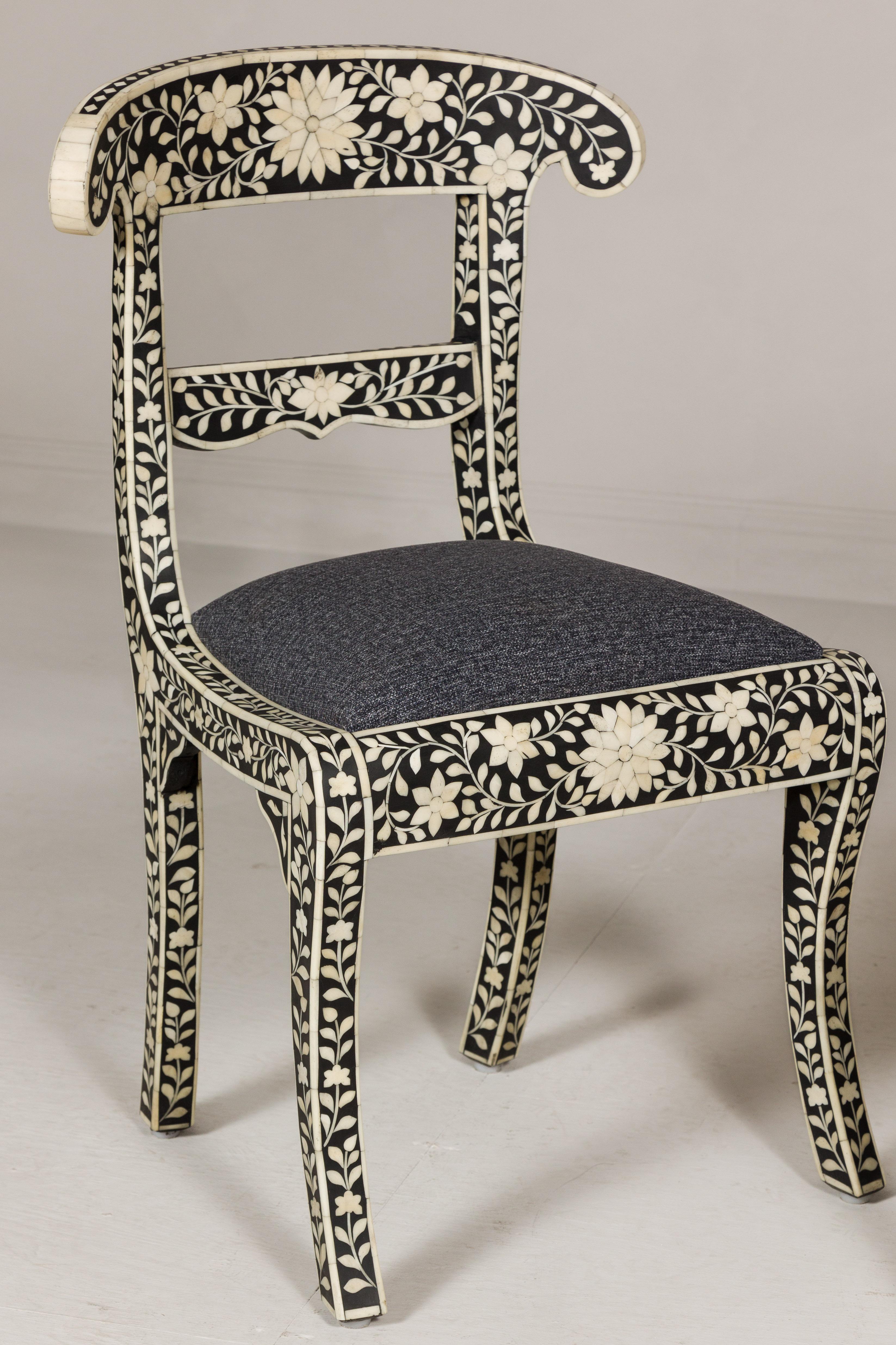 Anglo-Indian Style Ebonized Side Chairs with Floral Themed Bone Inlay, a Pair In Excellent Condition For Sale In Yonkers, NY