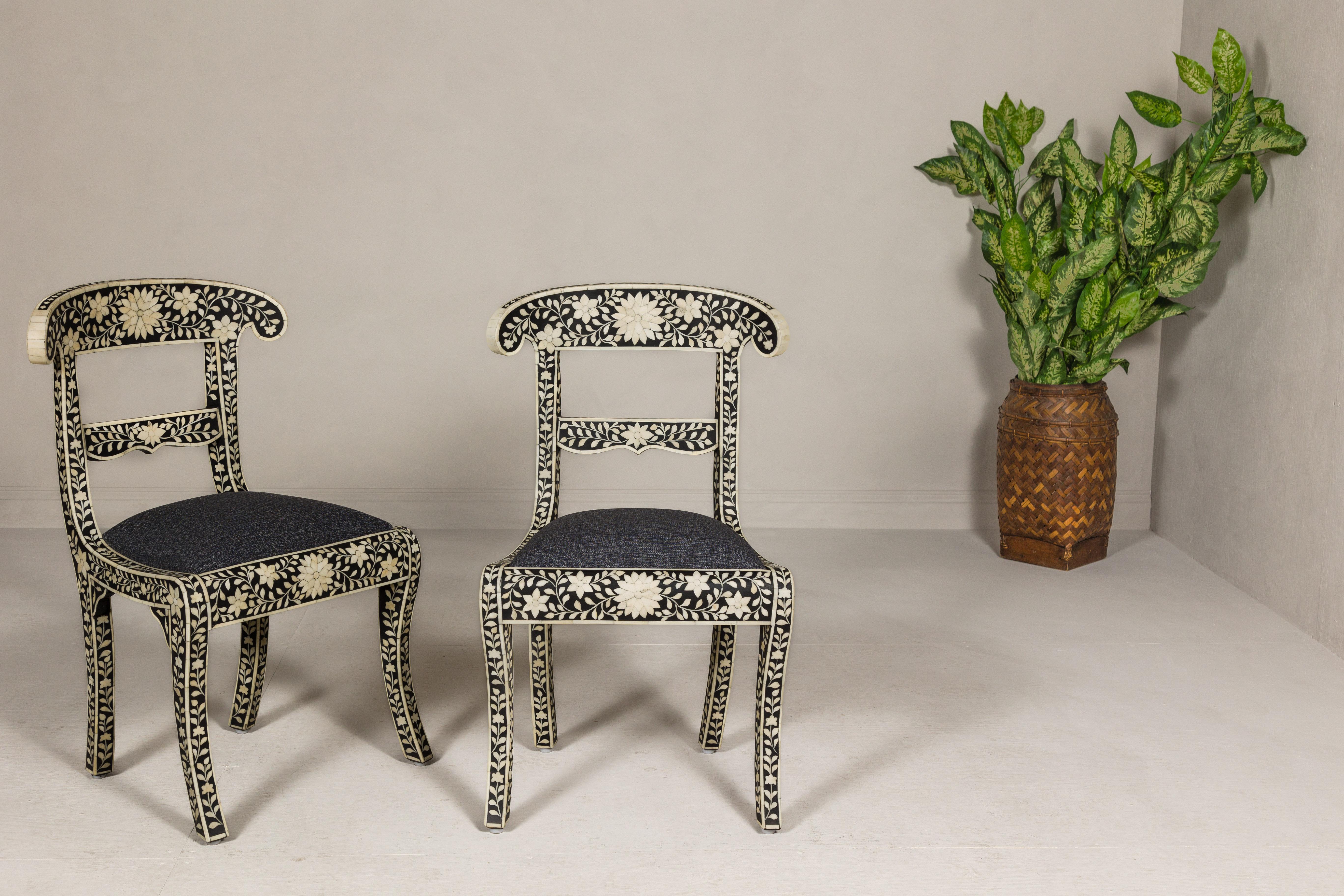 Contemporary Anglo-Indian Style Ebonized Side Chairs with Floral Themed Bone Inlay, a Pair For Sale