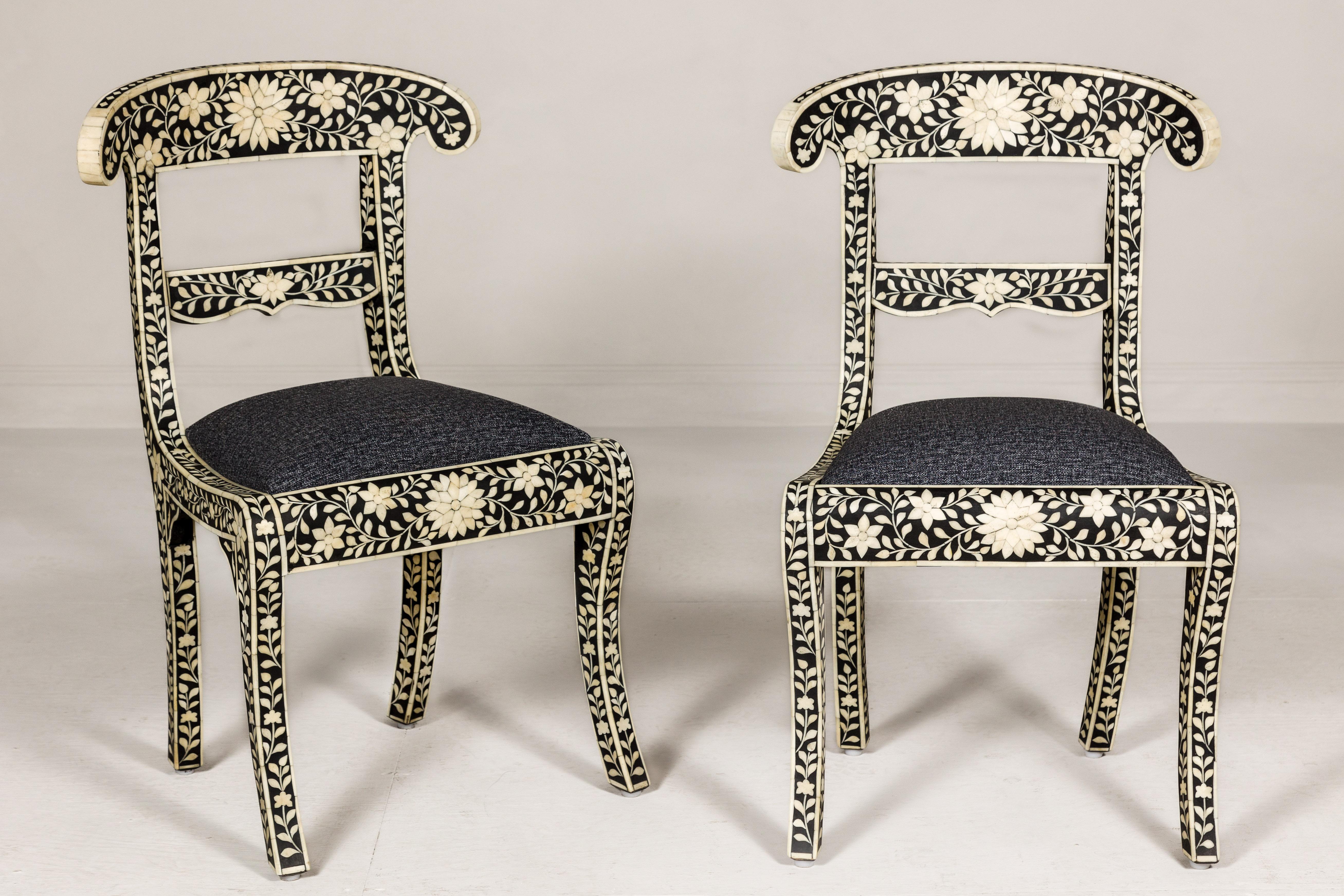Anglo-Indian Style Ebonized Side Chairs with Floral Themed Bone Inlay, a Pair For Sale 1