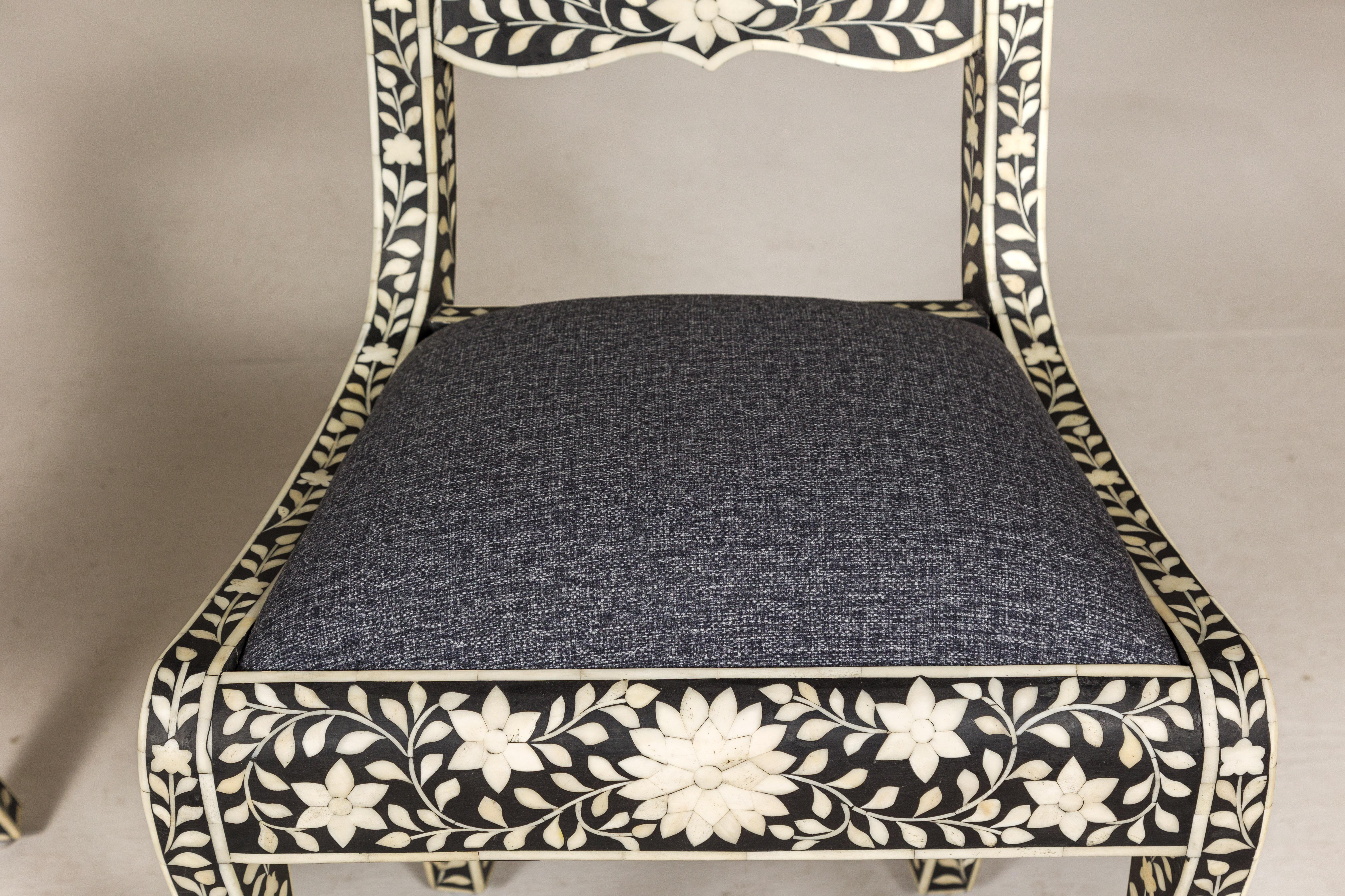 Anglo-Indian Style Ebonized Side Chairs with Floral Themed Bone Inlay, a Pair For Sale 3