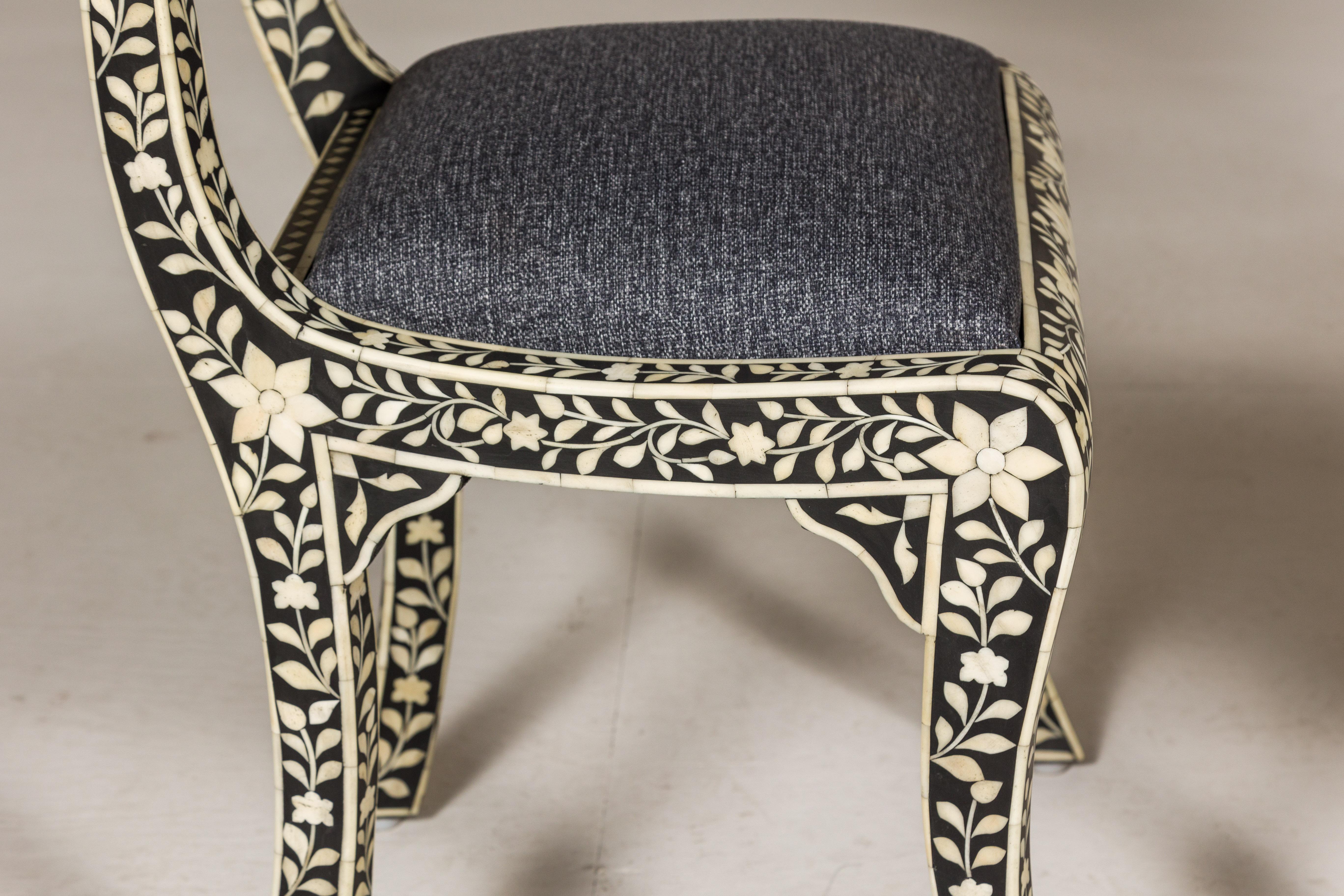 Anglo-Indian Style Ebonized Side Chairs with Floral Themed Bone Inlay, a Pair For Sale 4