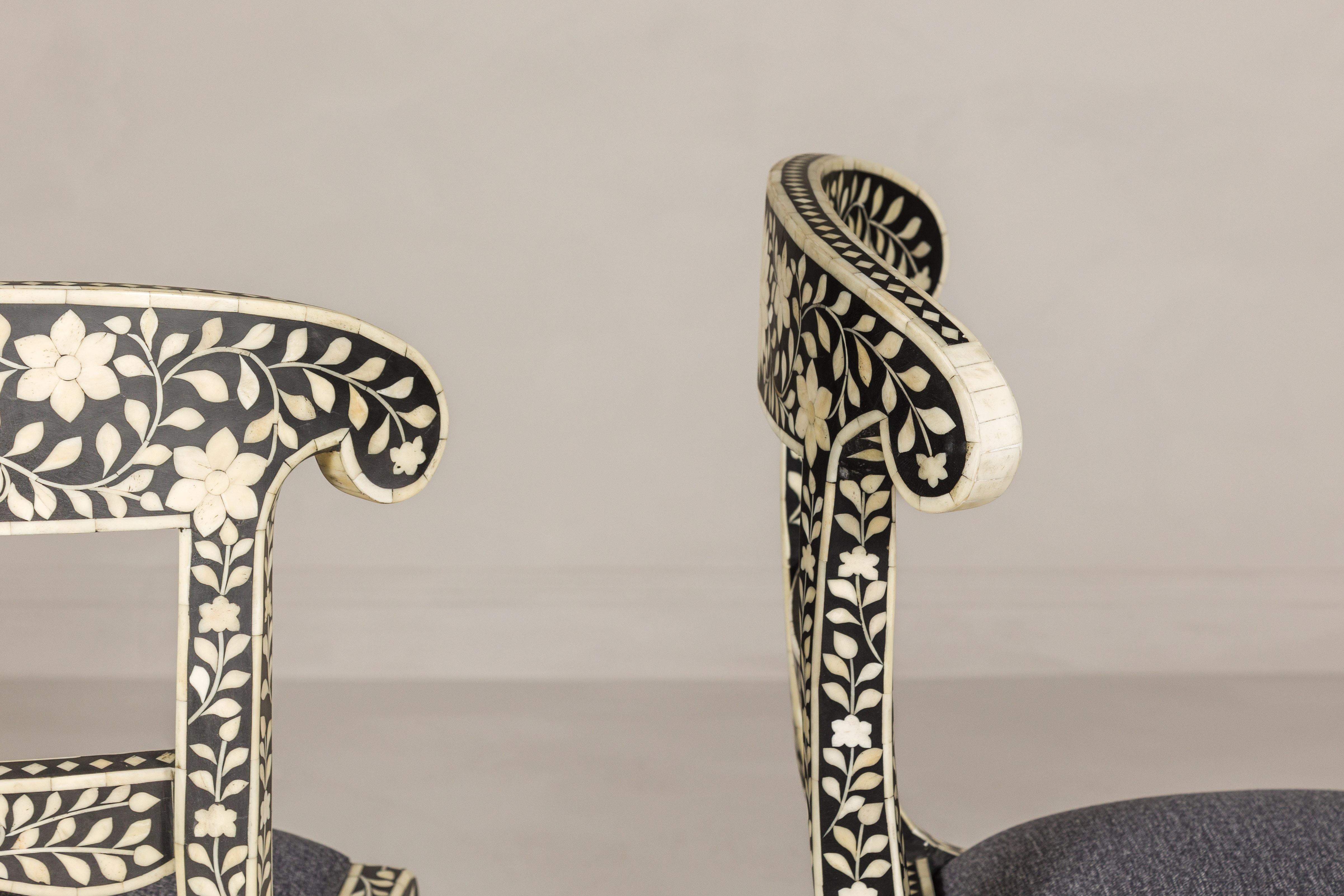 Anglo-Indian Style Ebonized Side Chairs with Floral Themed Bone Inlay, a Pair For Sale 5