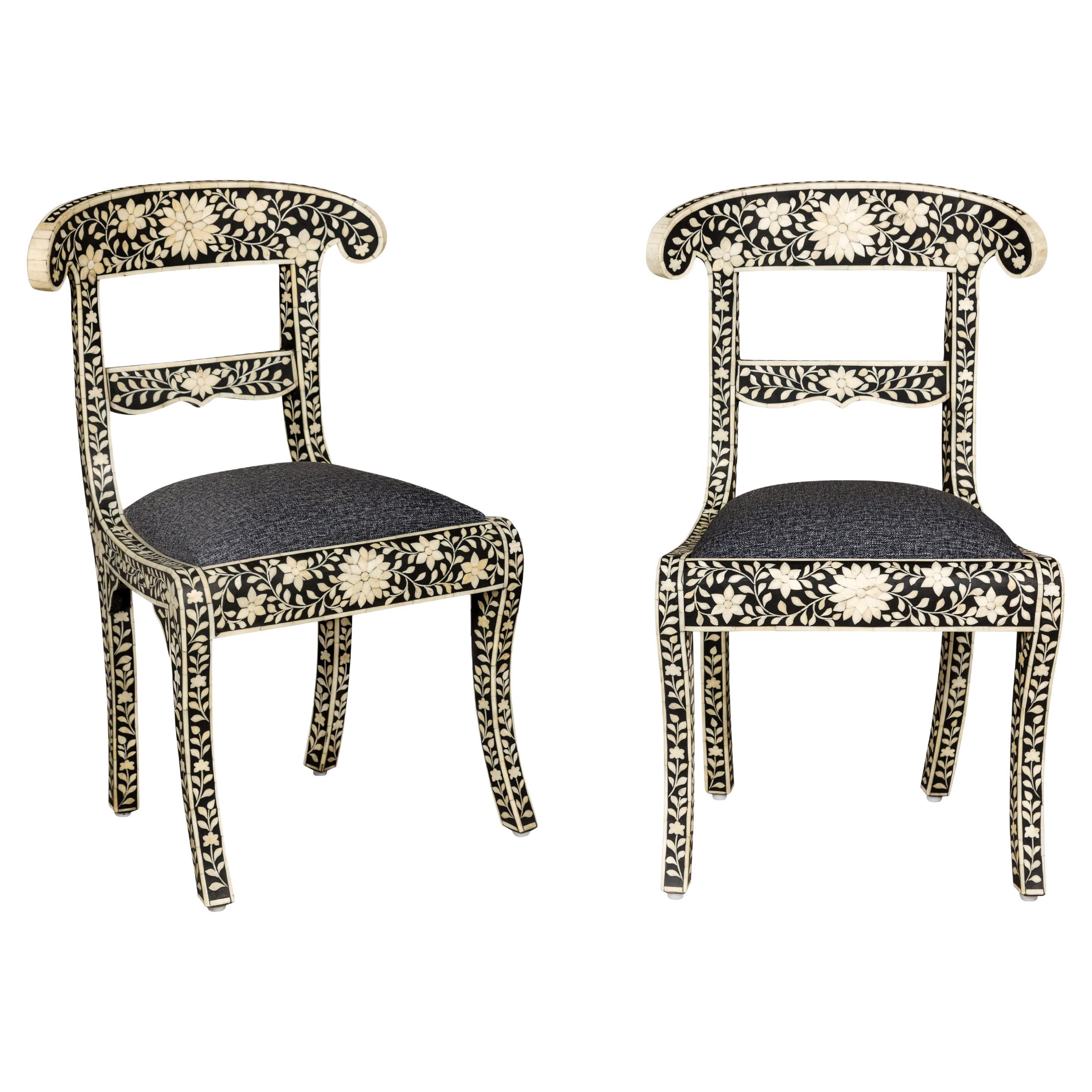 Anglo-Indian Style Ebonized Side Chairs with Floral Themed Bone Inlay, a Pair