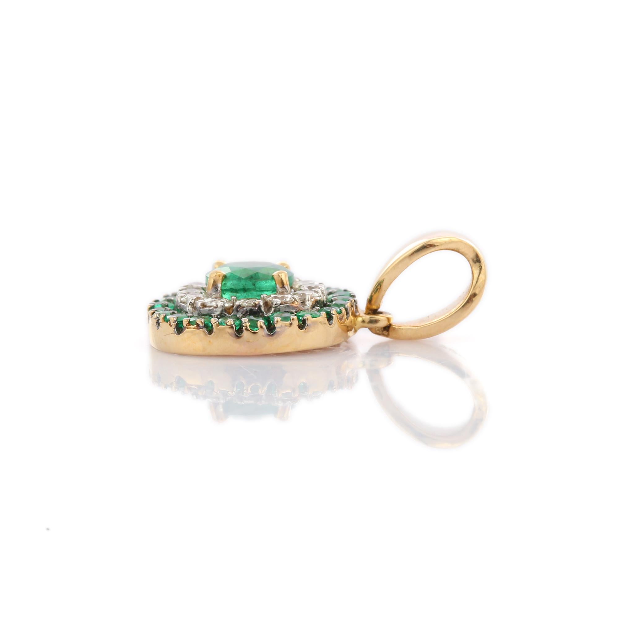 Natural Emerald pendant in 14K Gold. It has a round cut emerald studded with diamonds that completes your look with a decent touch. Pendants are used to wear or gifted to represent love and promises. It's an attractive jewelry piece that goes with