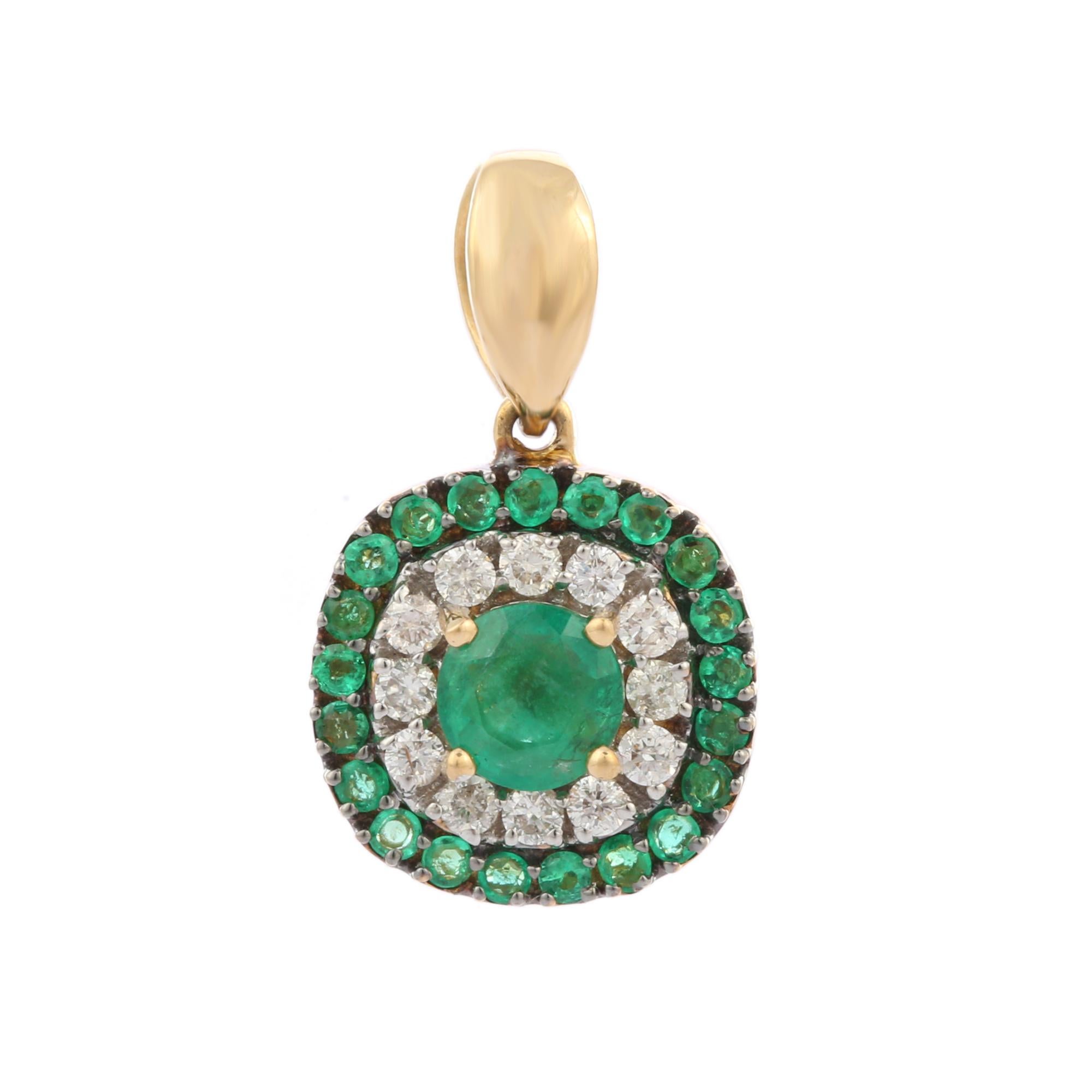 Anglo-Indian Art Deco Style Emerald Pendant in 14K Yellow Gold with Diamonds For Sale