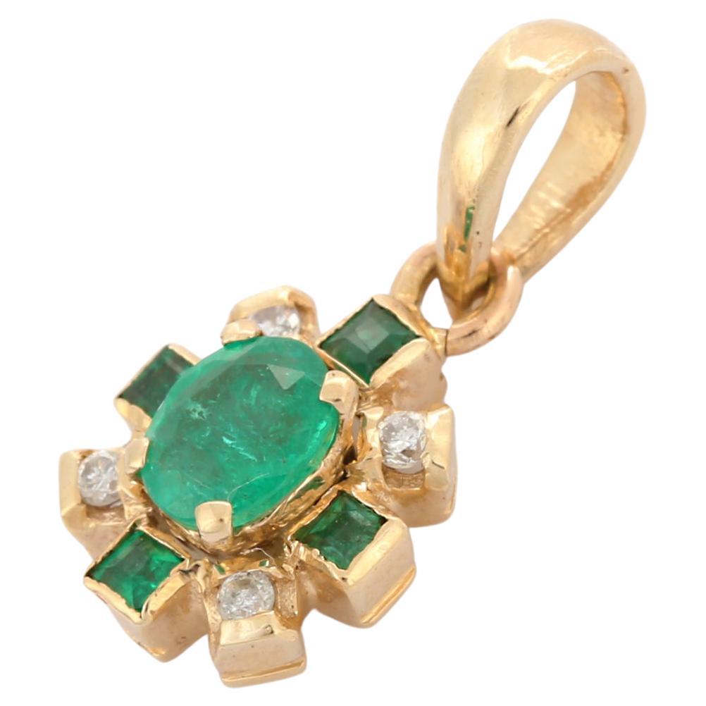 Anglo Indian Style Emerald Pendant with Diamonds in 14K Yellow Gold For Sale