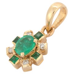 Anglo Indian Style Emerald Pendant with Diamonds in 14K Yellow Gold