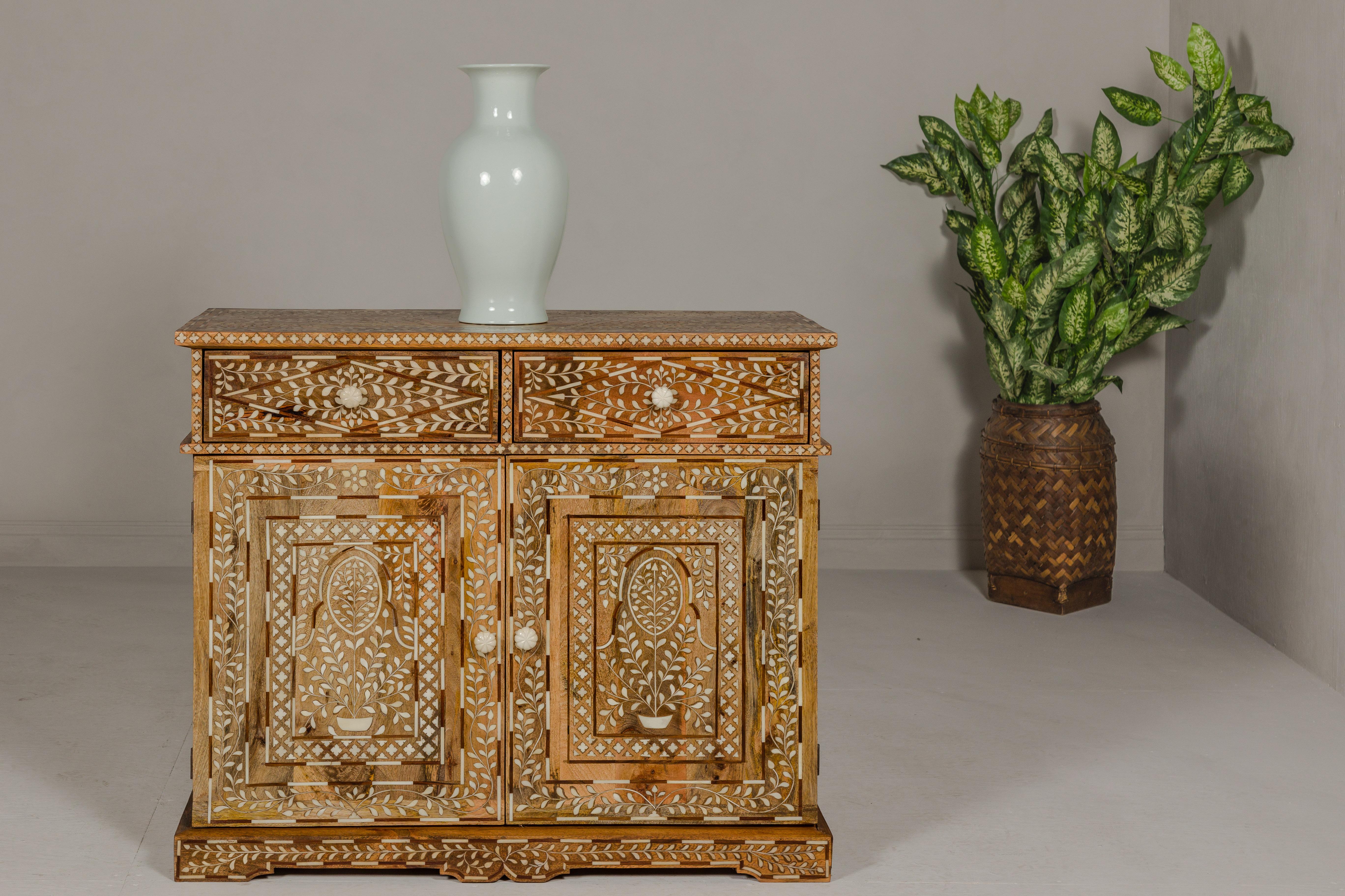 Anglo-Indian Style Mango and Bone Inlay Buffet with Two Drawers over Two Doors 5