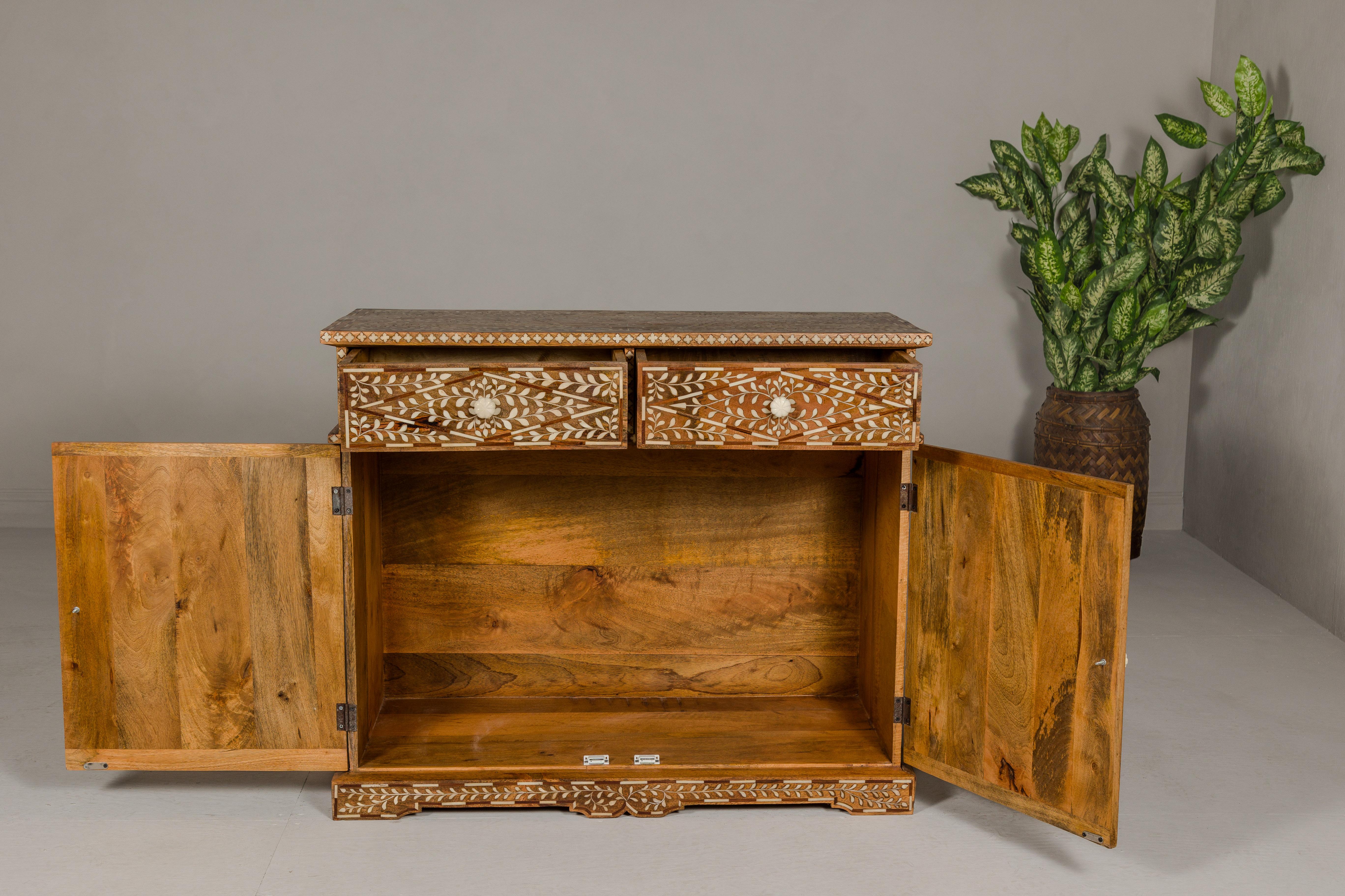 Anglo-Indian Style Mango and Bone Inlay Buffet with Two Drawers over Two Doors 6