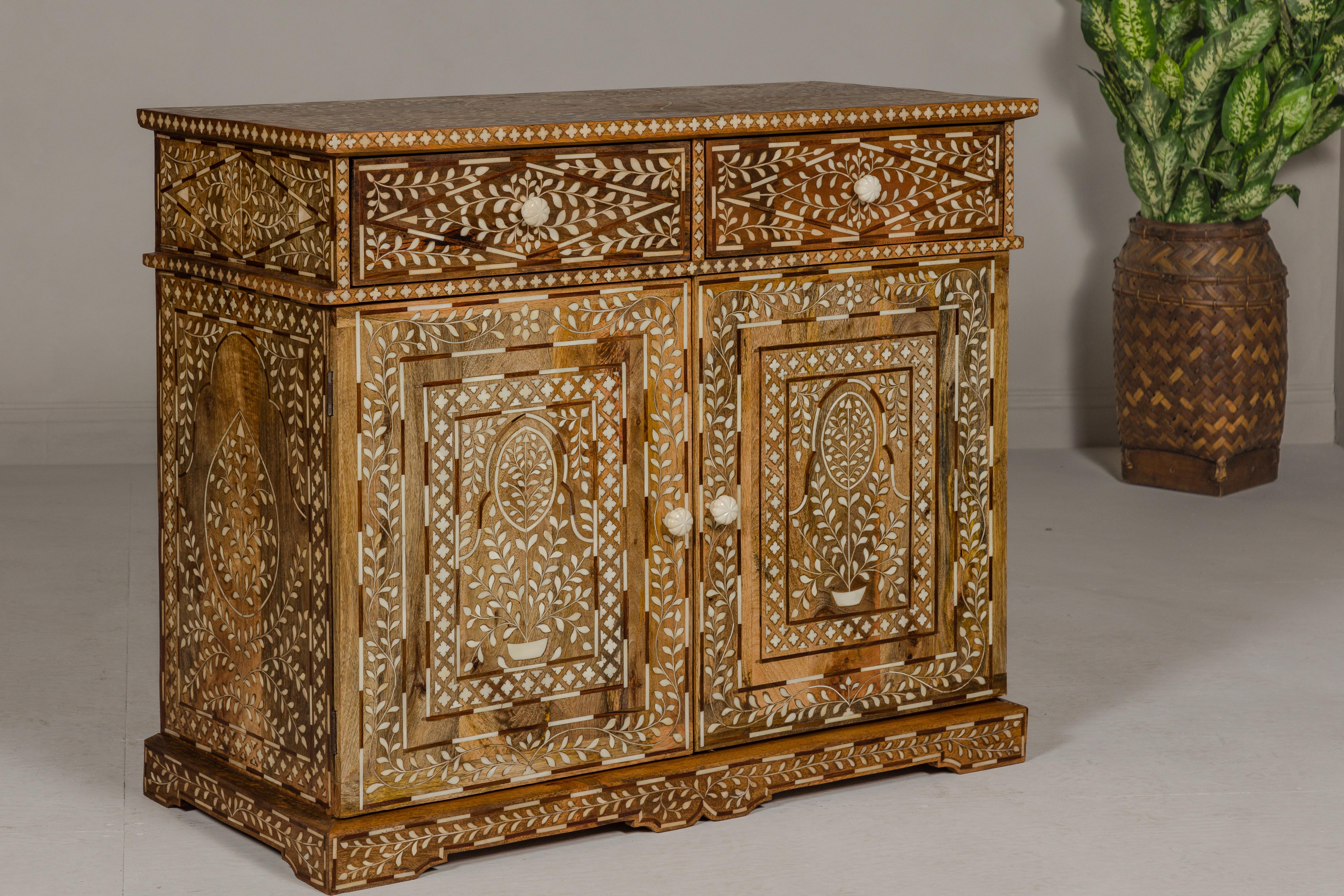 Anglo-Indian Style Mango and Bone Inlay Buffet with Two Drawers over Two Doors 7