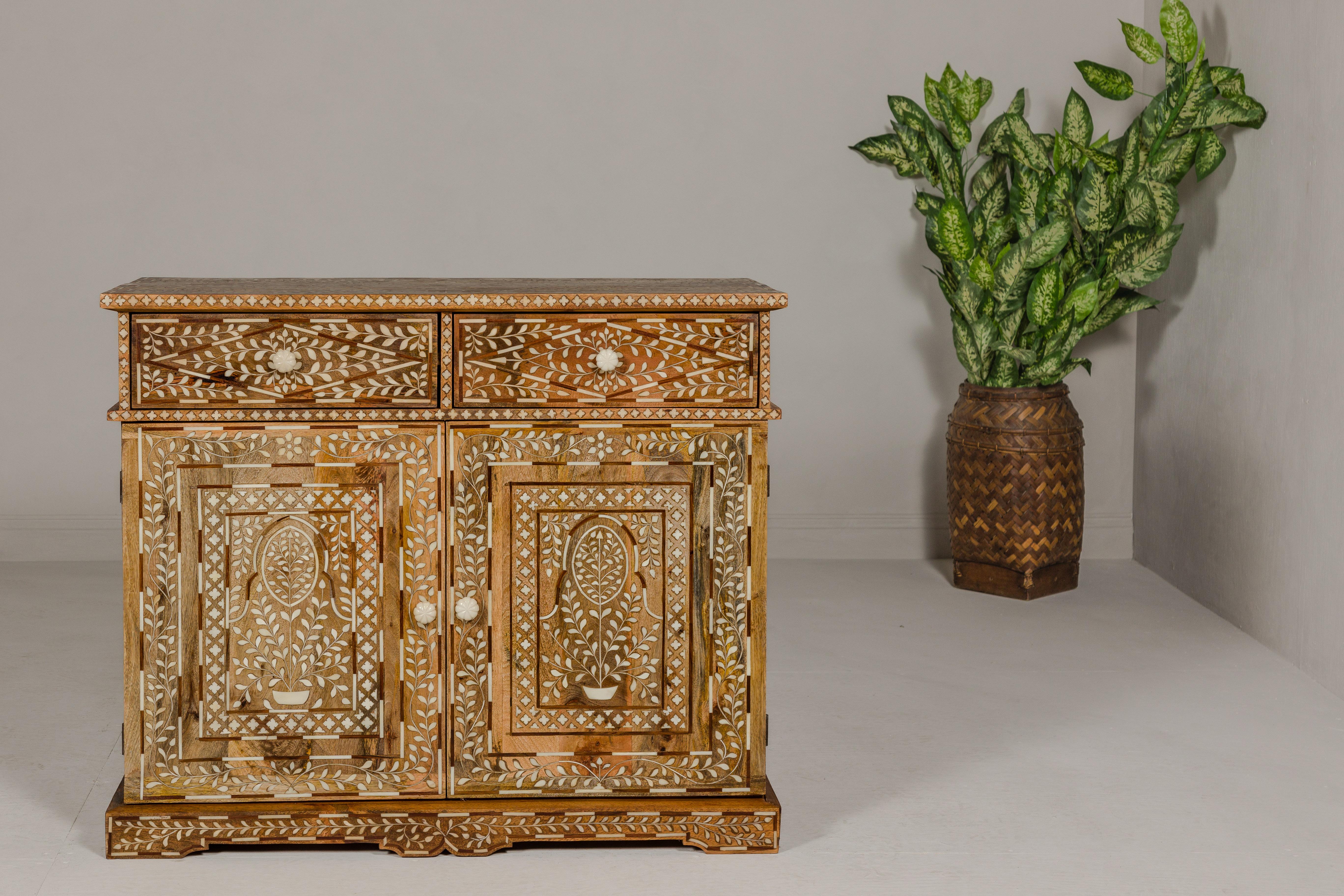 Carved Anglo-Indian Style Mango and Bone Inlay Buffet with Two Drawers over Two Doors