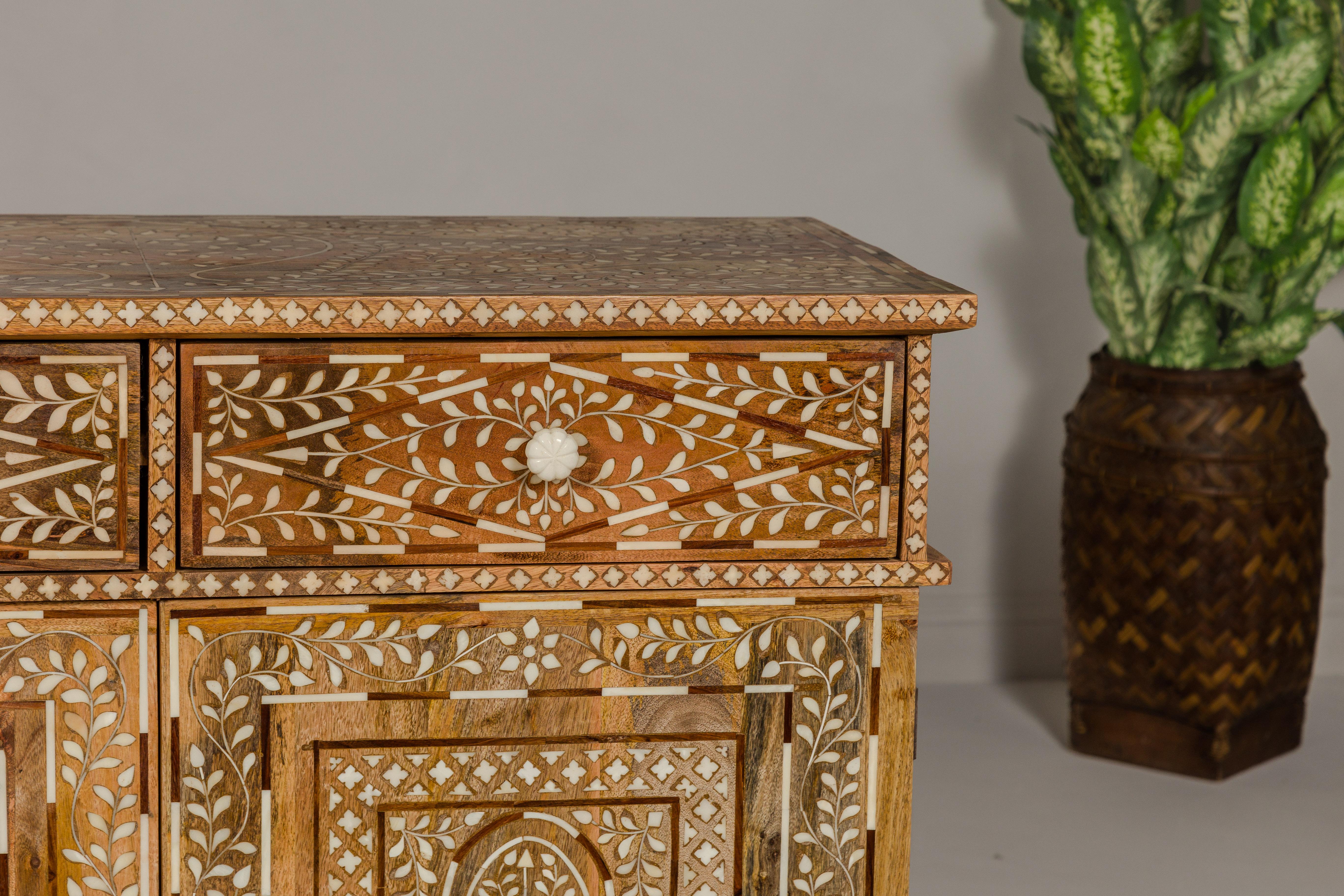 Contemporary Anglo-Indian Style Mango and Bone Inlay Buffet with Two Drawers over Two Doors