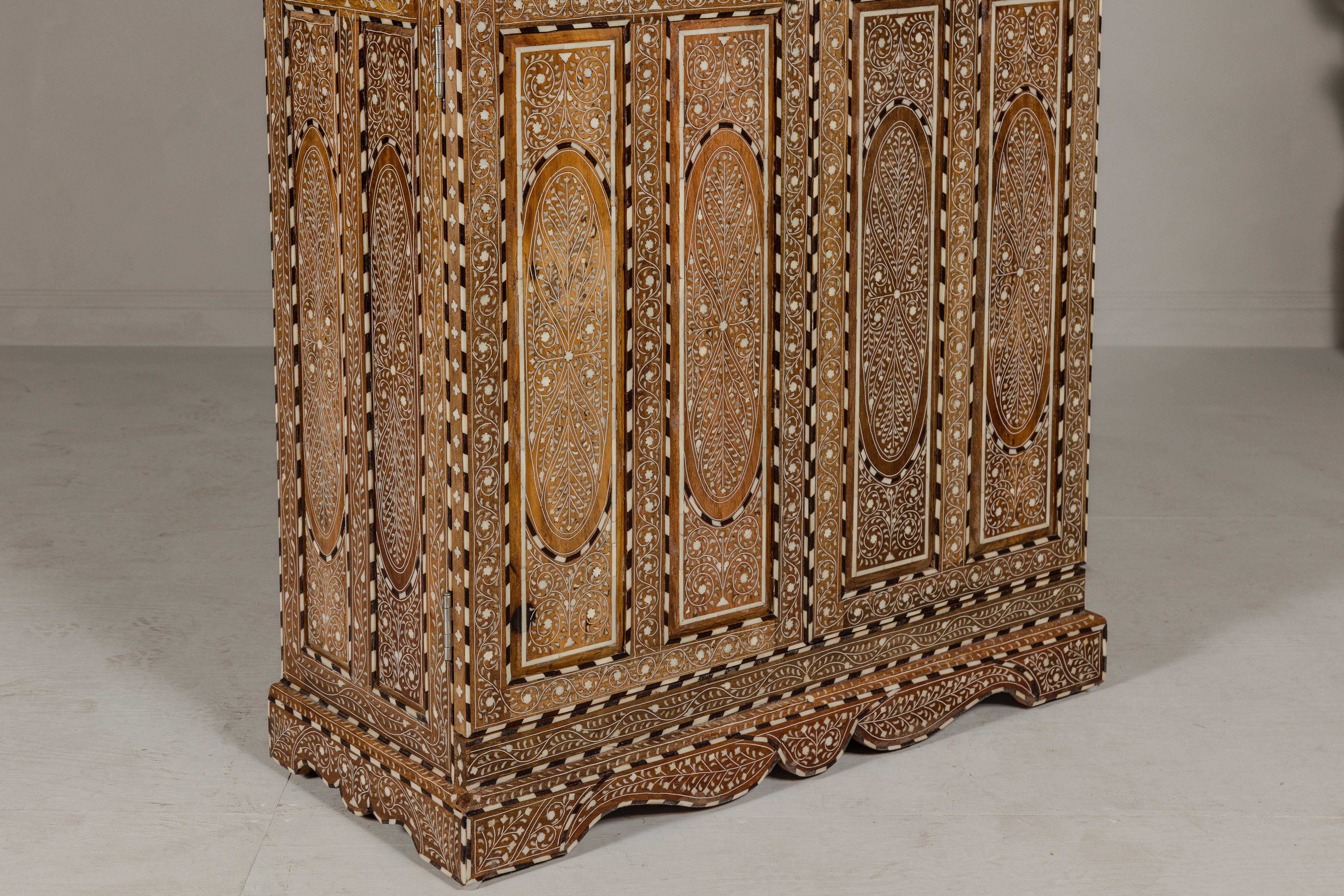 Anglo Indian Style Mango Wood Tall Cabinet with Floral Themed Bone Inlaid Décor For Sale 5