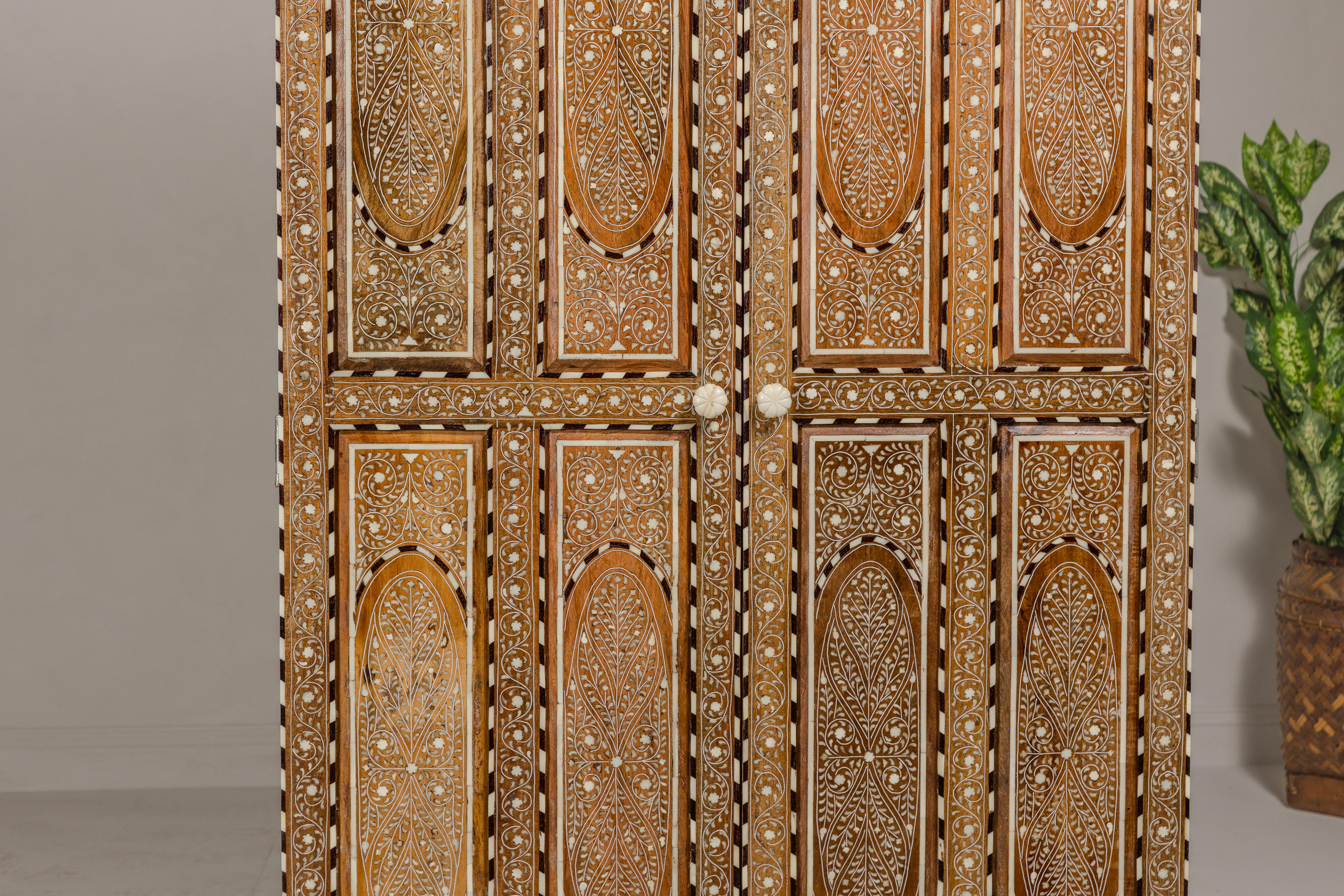 Inlay Anglo Indian Style Mango Wood Tall Cabinet with Floral Themed Bone Inlaid Décor For Sale