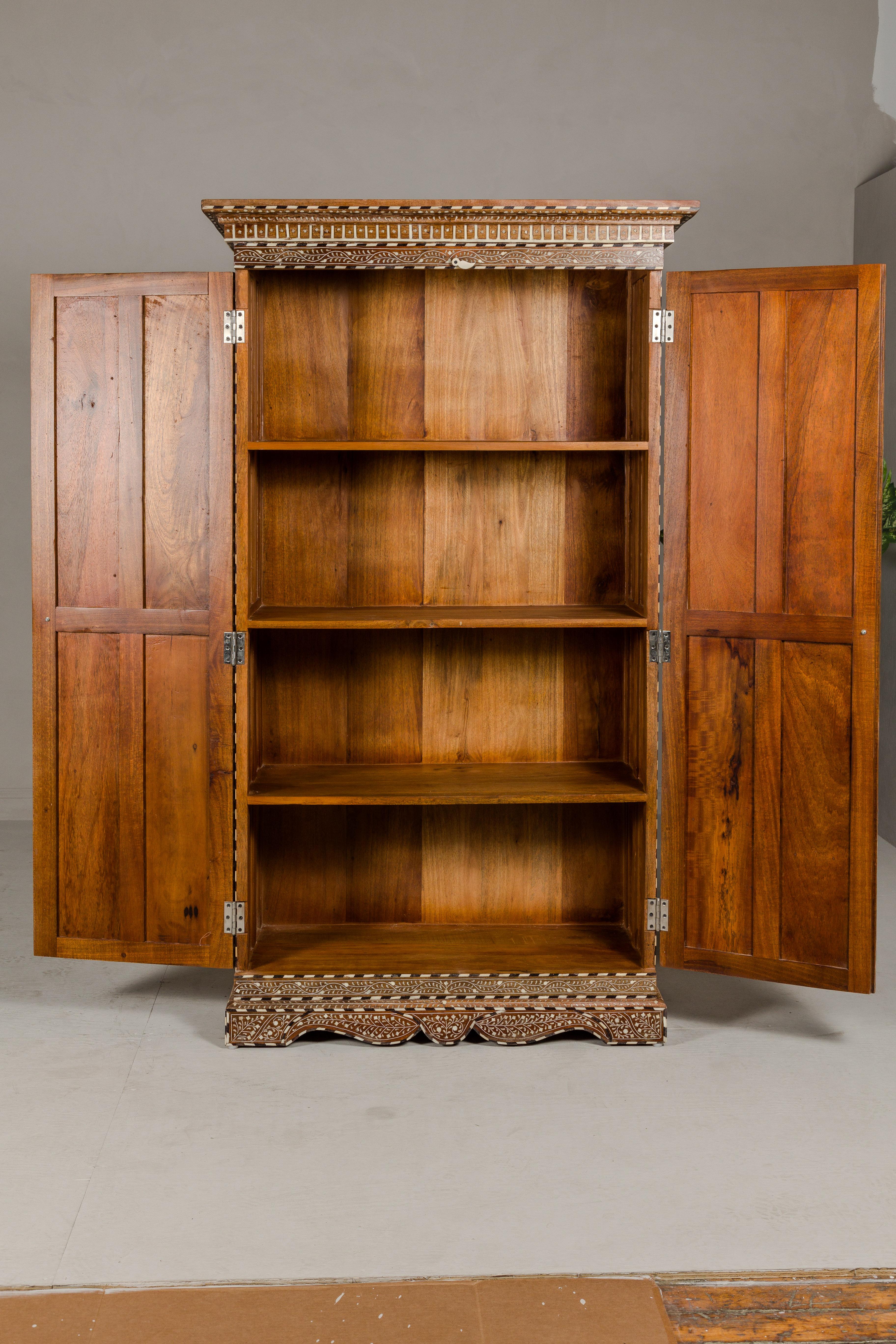 Anglo Indian Style Mango Wood Tall Cabinet with Floral Themed Bone Inlaid Décor For Sale 1