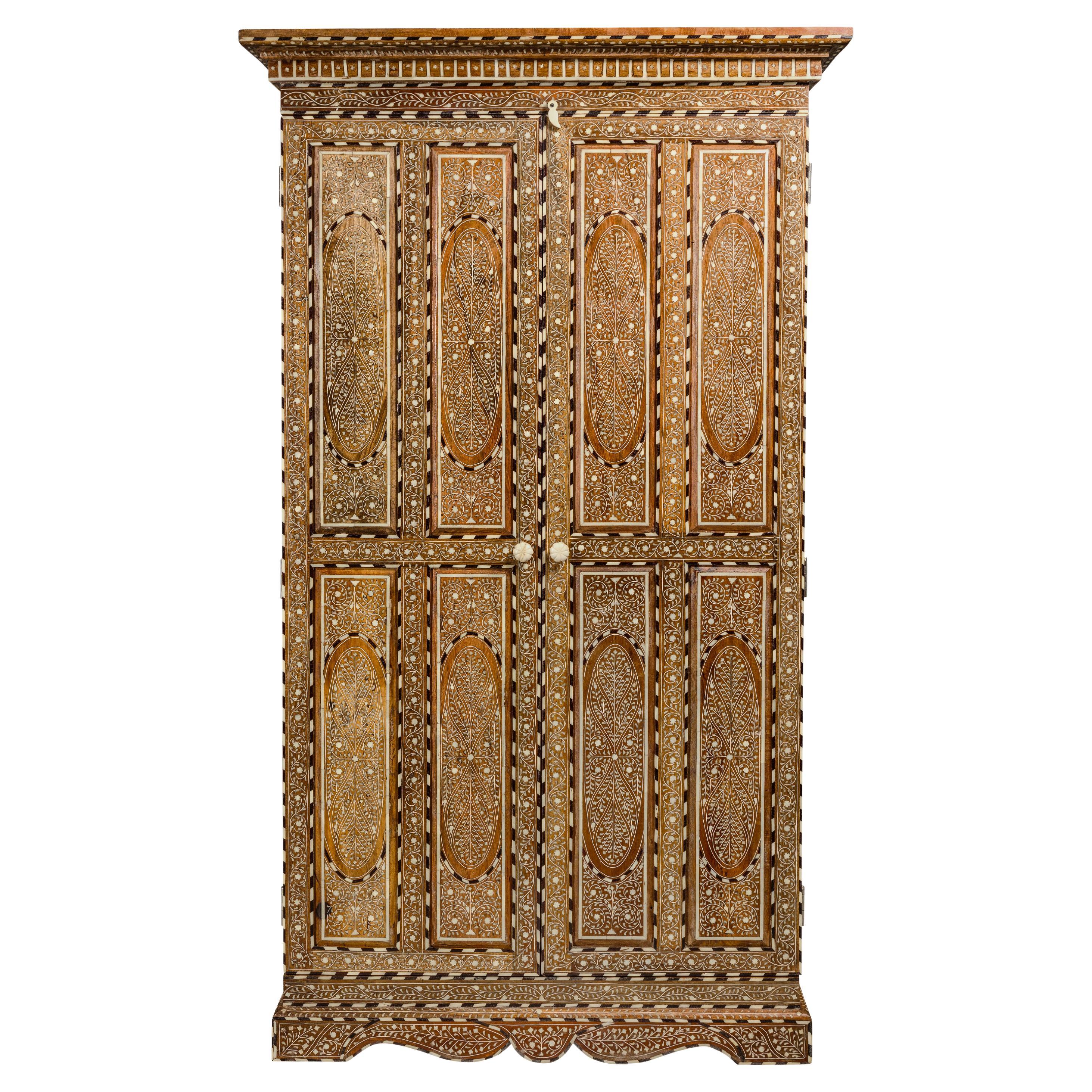 Anglo Indian Style Mango Wood Tall Cabinet with Floral Themed Bone Inlaid Décor For Sale