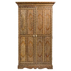 Anglo Indian Style Mango Wood Tall Cabinet with Floral Themed Bone Inlaid Décor