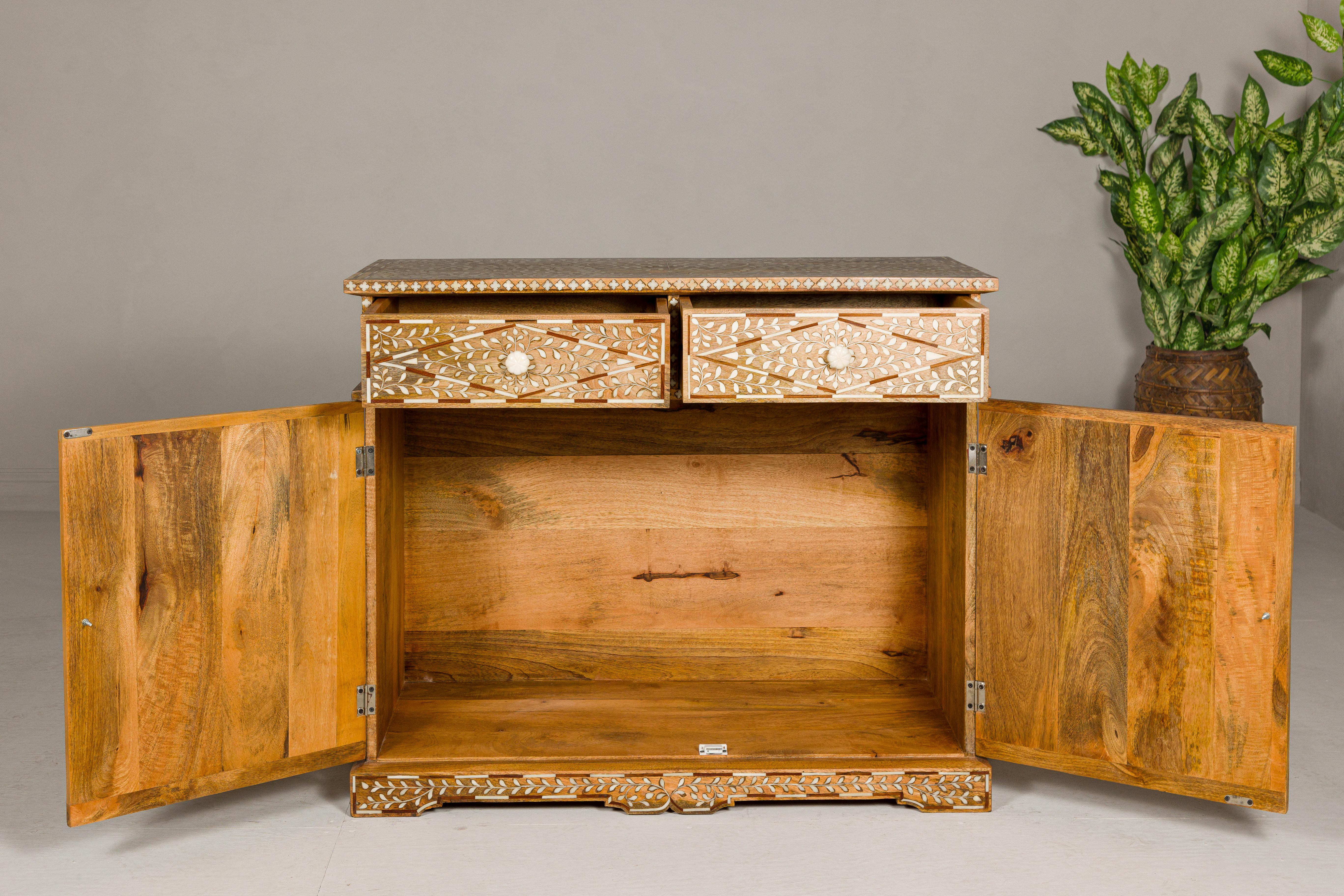 Anglo-Indian Style Mango Wood and Bone Inlay Two-Drawer over Two Door Buffet For Sale 5