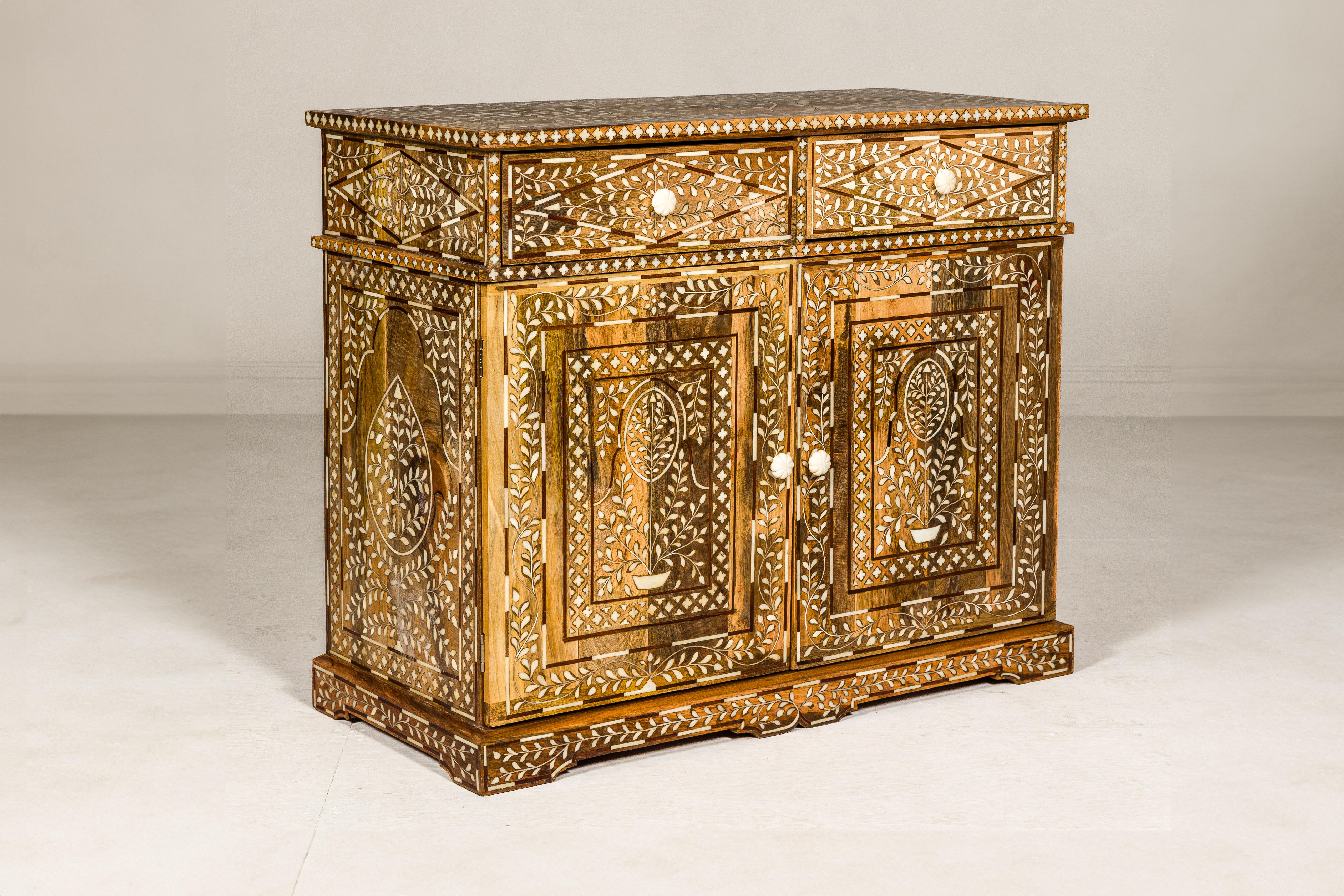 Anglo-Indian Style Mango Wood and Bone Inlay Two-Drawer over Two Door Buffet For Sale 7