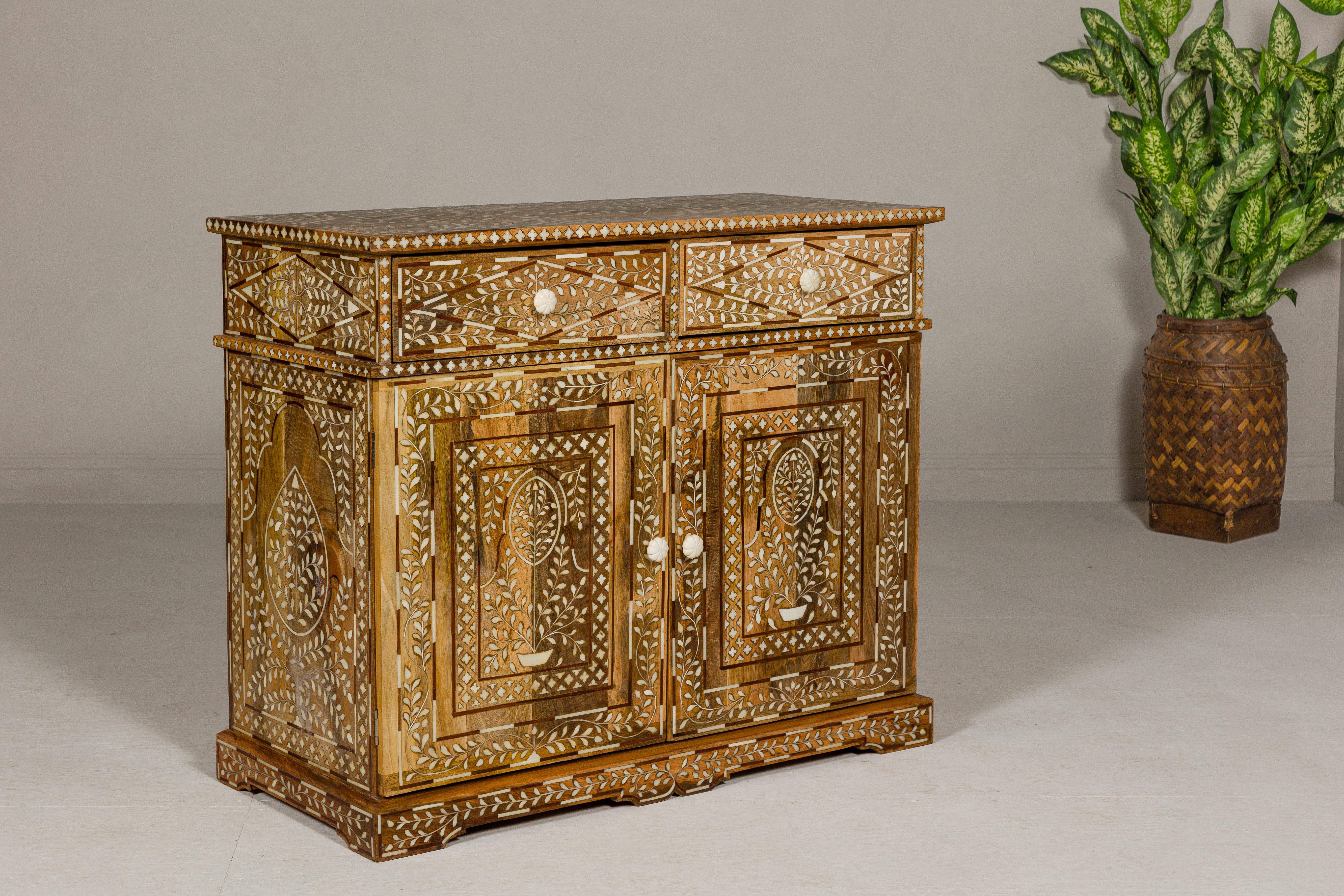 Anglo-Indian Style Mango Wood and Bone Inlay Two-Drawer over Two Door Buffet For Sale 14